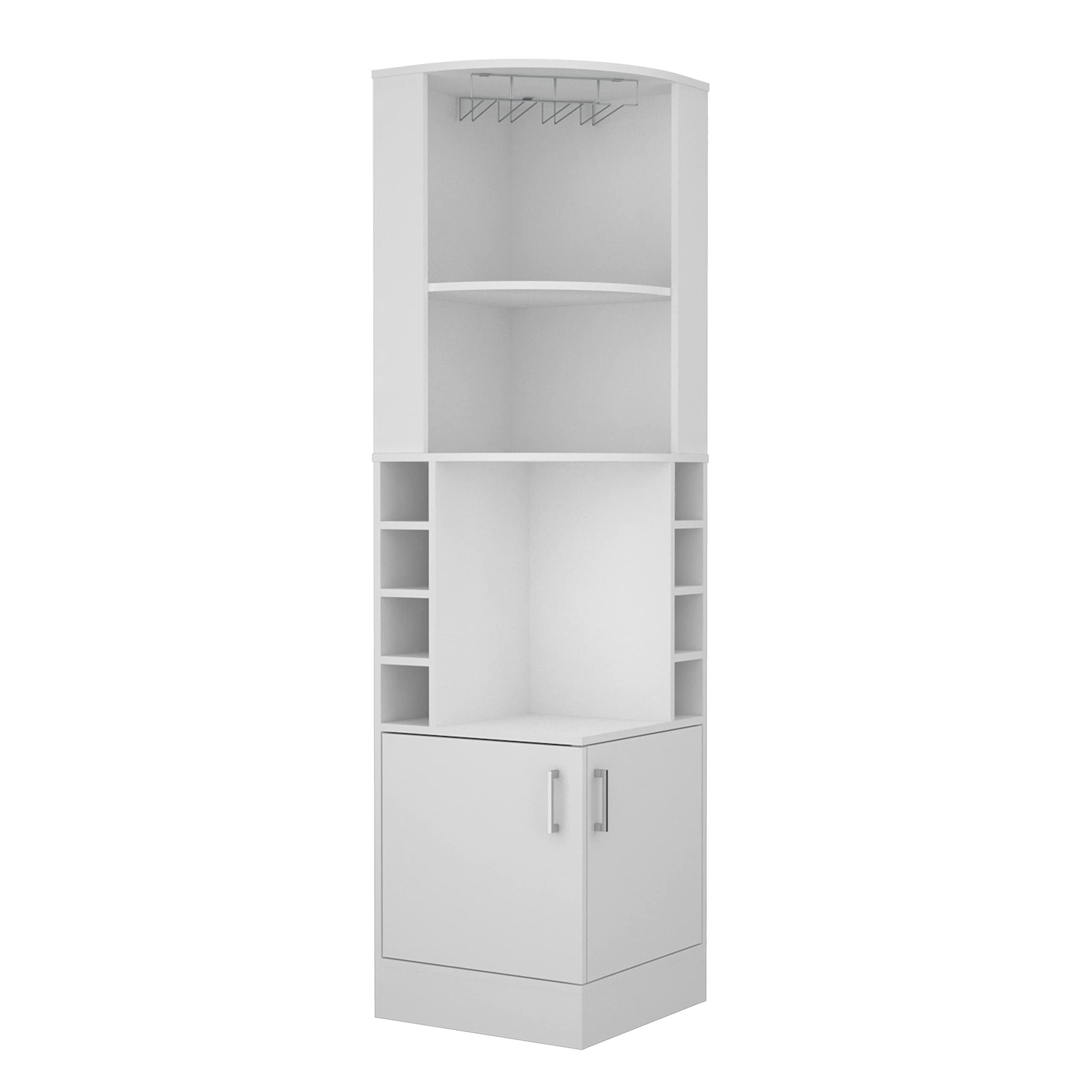 White Seattle Corner Bar Cabinet with 3 Open Shelves, Glass Rack & 8 Bottle Storage - Modern Home Bar Furniture for Living Room, Dining Room or Man Cave