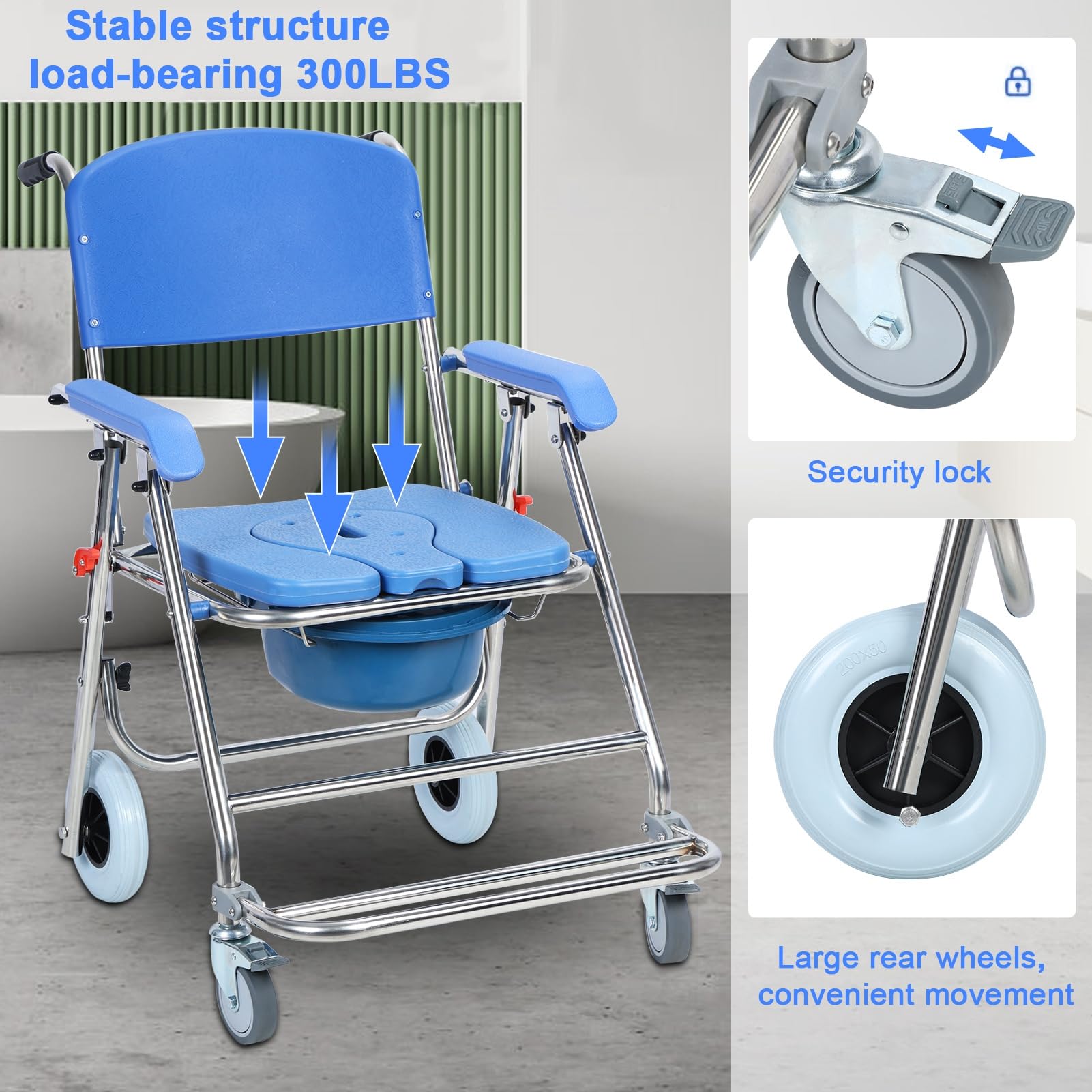 3-in-1 Shower Commode Wheelchair - Foldable Waterproof Rolling Toilet Chair with Armrests & Backrest - Portable Mobility Aid for Elderly & Disabled - Ideal for Bathroom Safety & Home Care Use