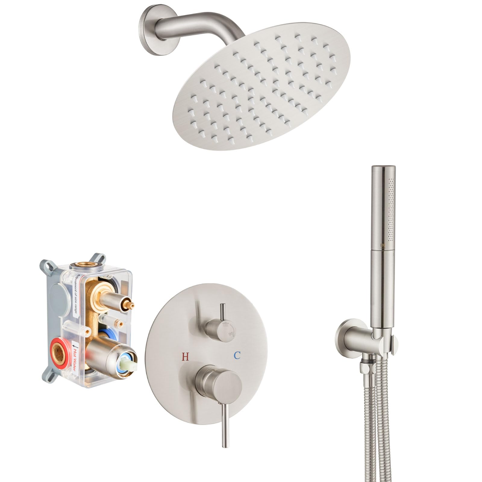 Airuida 2-Function Wall Mount Shower System - High Pressure Brass Handheld Shower with 8 Inch Rainfall Shower Head & Rough-in Valve in Brushed Nickel Finish | Perfect for Bathroom Renovation & Spa-Like Shower Experience