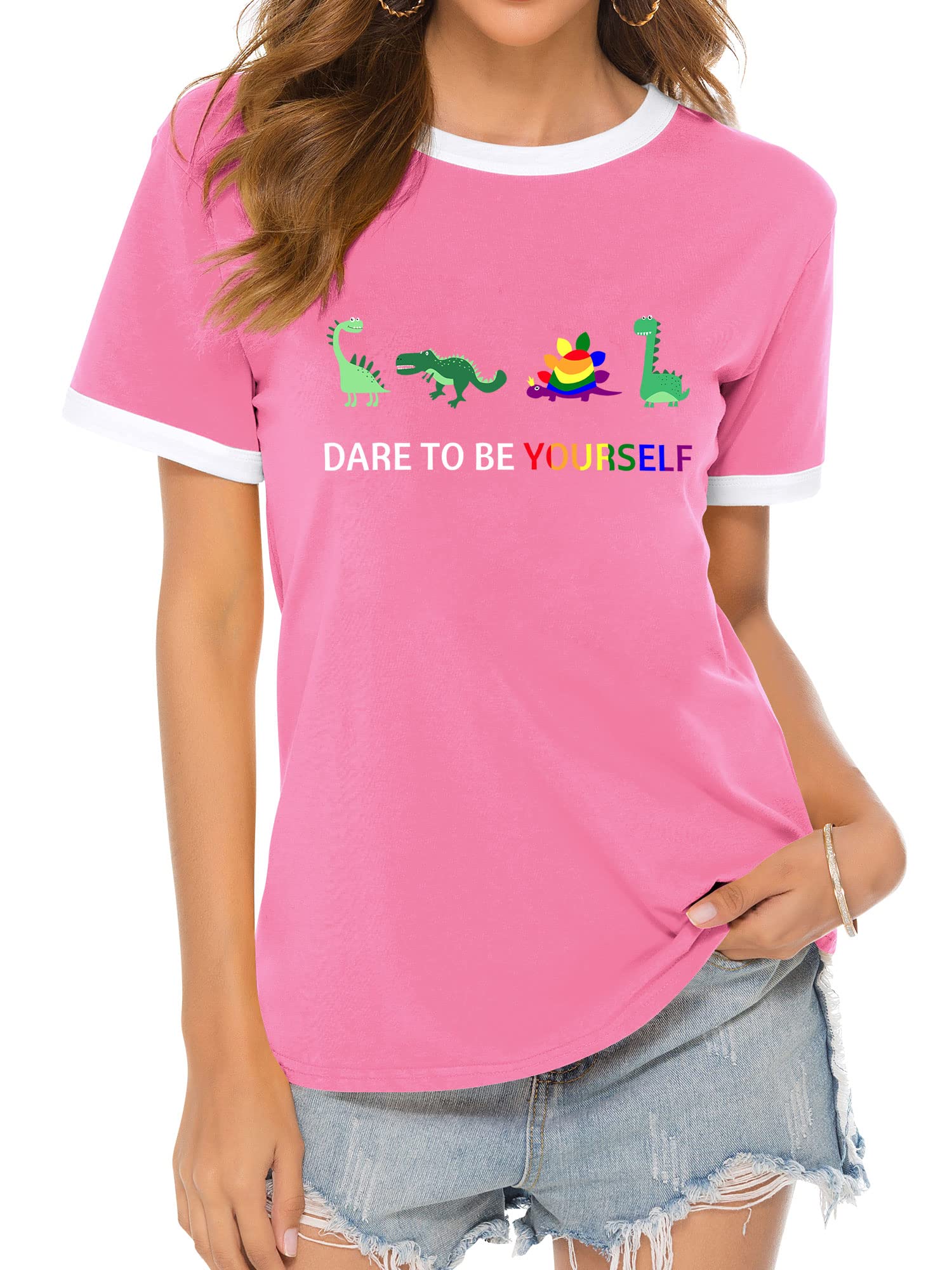**Women's Cute Dinosaur Graphic T-Shirt – Funny Colorful Cartoon Dino Print Crew Neck Casual Tee for Everyday Wear & Gifts**    *(Perfect for Casual Outfits, Dinosaur Lovers, Fun Gifts & Themed Parties!)*