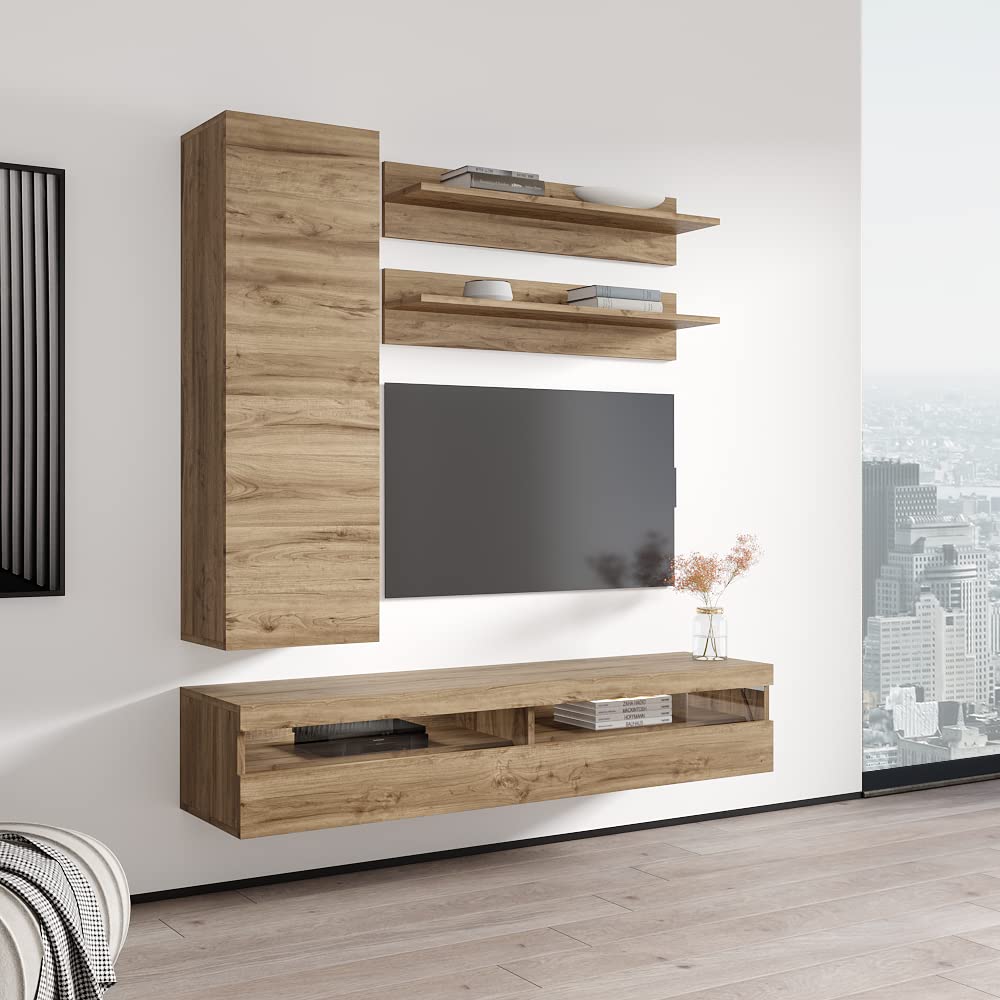 Modern Oak Wall-Mounted TV Stand with Storage Shelves & LED Lights - Floating Entertainment Center Console for Living Room & Bedroom - Perfect for Small Spaces & Home Theater Setup - Meble H1 35