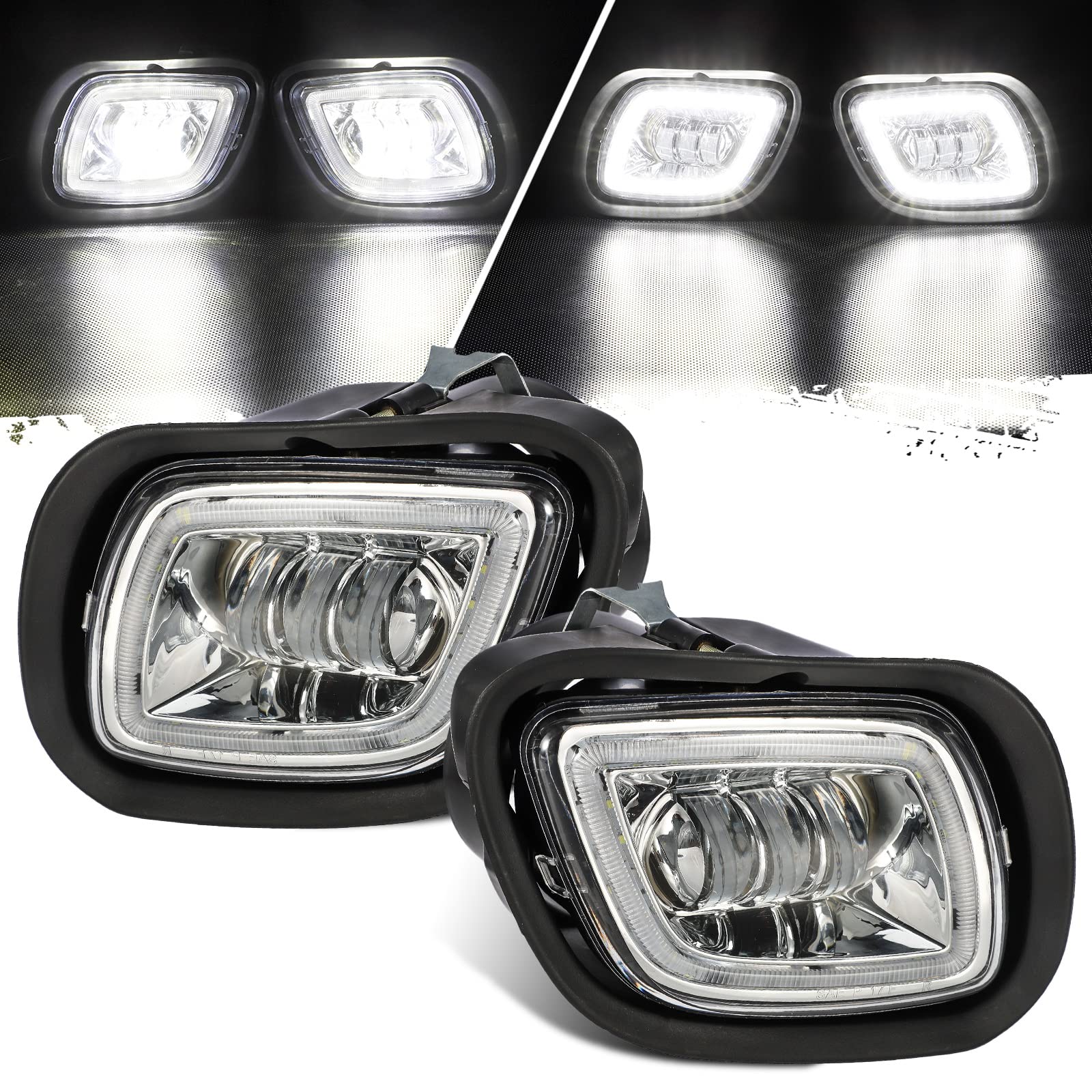 Partsam Pair LED Fog Lights with Halo Ring for Freightliner Cascadia 2008-2017 - Clear Lens, White Light, 12V Plug & Play - Perfect for Night Driving and Enhanced Road Visibility