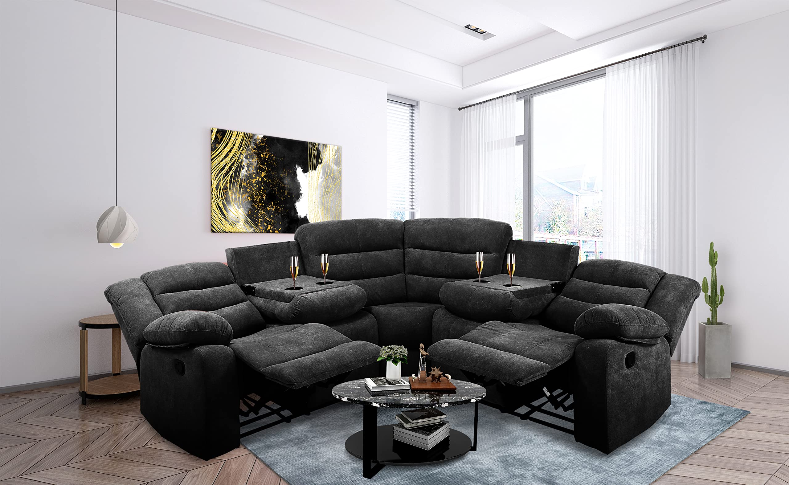 Black Sectional Manual Recliner Sofa Set for Living Room - Comfortable Lounge Furniture for Family Movie Nights & Relaxation