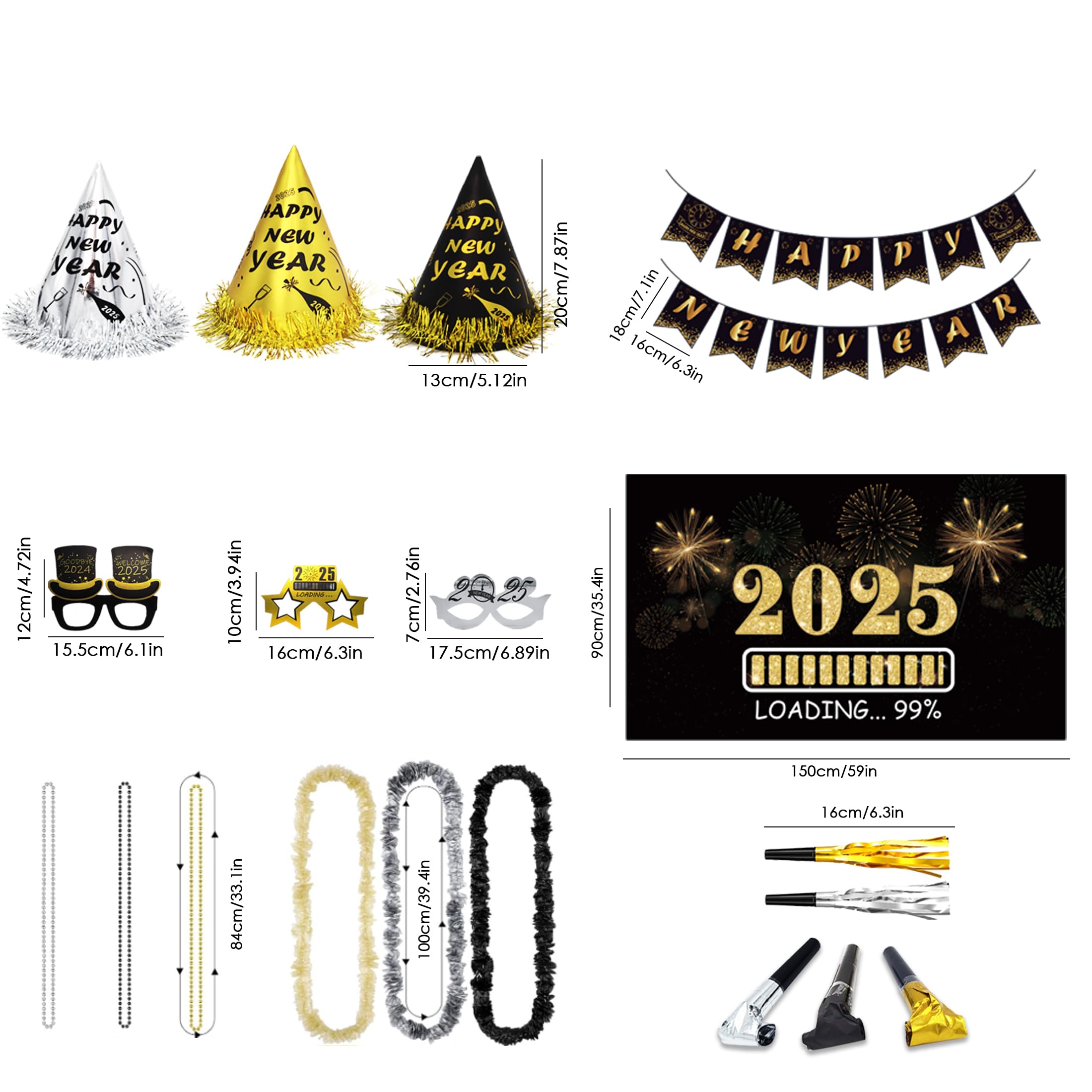 2025 New Year's Eve Party Supplies Kit for 100 Guests - 50 Hats, 50 Glasses, 50 LED Necklaces, 50 Noise Makers, 50 Blowouts & Happy New Year Banner - Perfect for Countdown Celebrations, Ball Drop Parties & NYE Gatherings