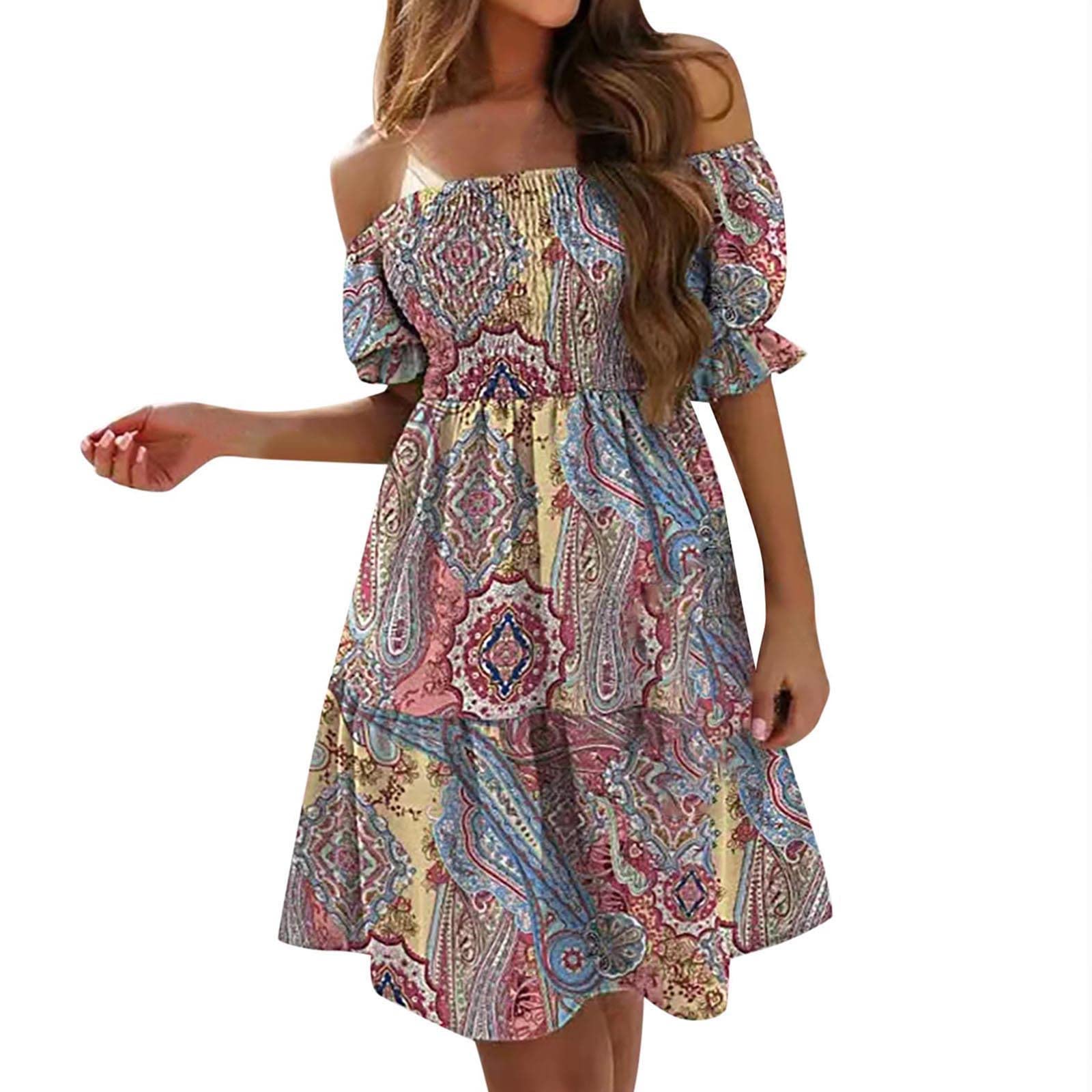 Stylish Plus Size Summer Dress for Women - Casual Slim Fit, Elastic Stretch, Off-Shoulder Pullover with Short Sleeves & Floral Print | Perfect for Beach Outings, Date Nights & Summer Parties