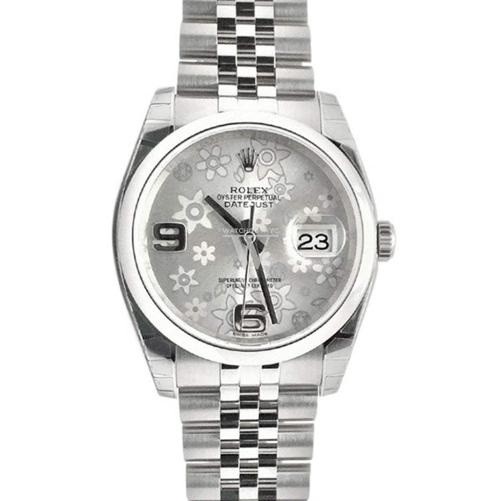 Pre-Owned Rolex Datejust 36 Silver Floral Motif 2 Arab Dial Jubilee Men's Watch 116200 - Luxury Timepiece for Business, Formal Events & Collectors
