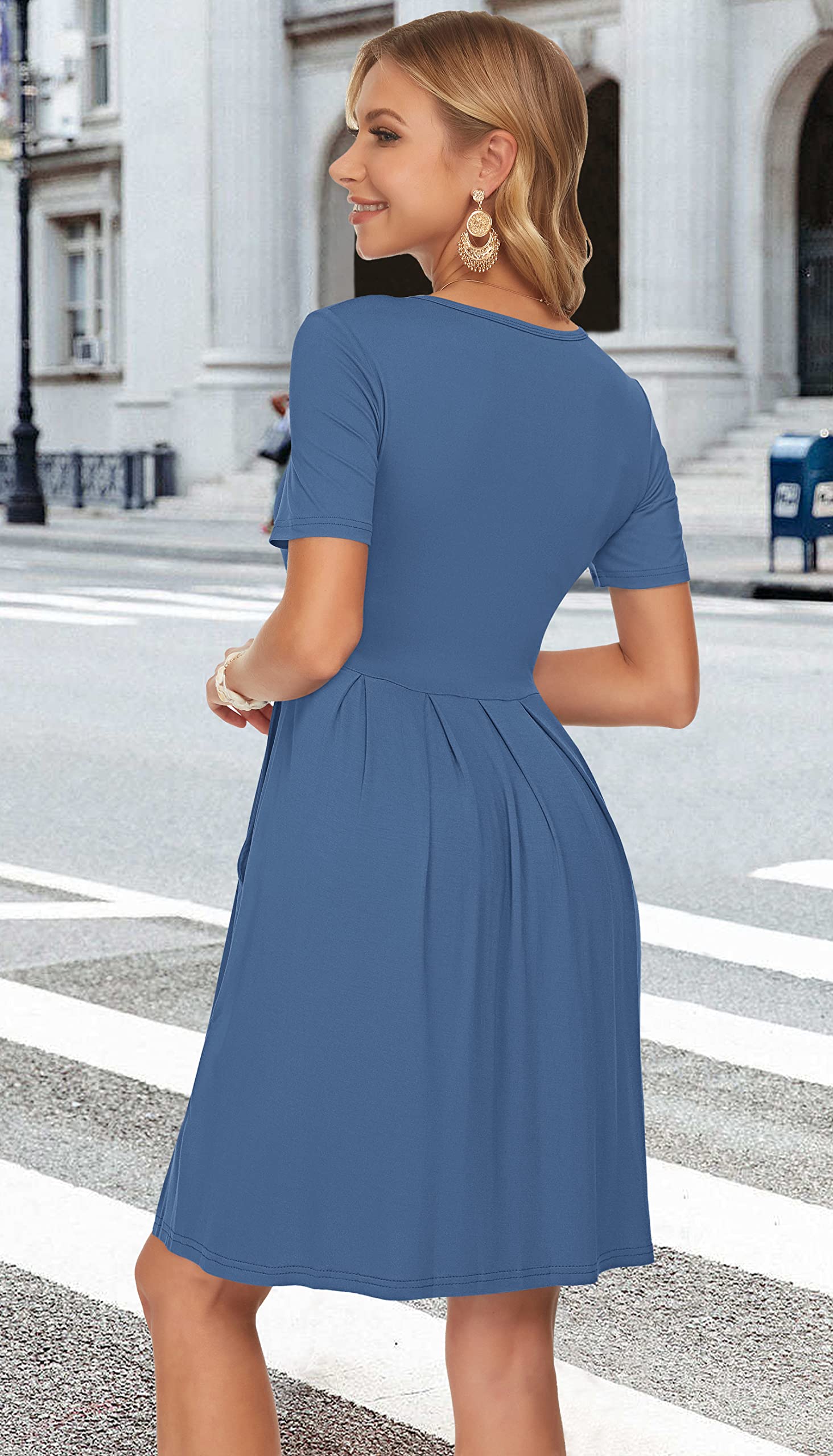 AUSELILY Women's Summer Short Sleeve Pleated Swing Dress - Knee Length Loose Fit with Pockets | Casual Beach Wear, Vacation Outfit, Brunch Dress (2025 New Collection)