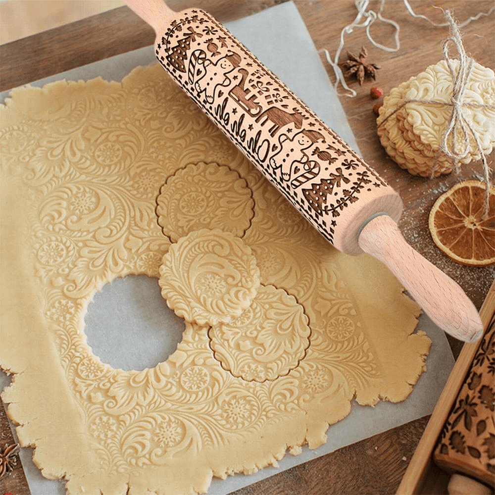 3D Christmas Wooden Embossed Rolling Pin for Cookie Dough - Holiday Baking Decorating Tool for Festive Cookies, Gingerbread, and Pastry Making
