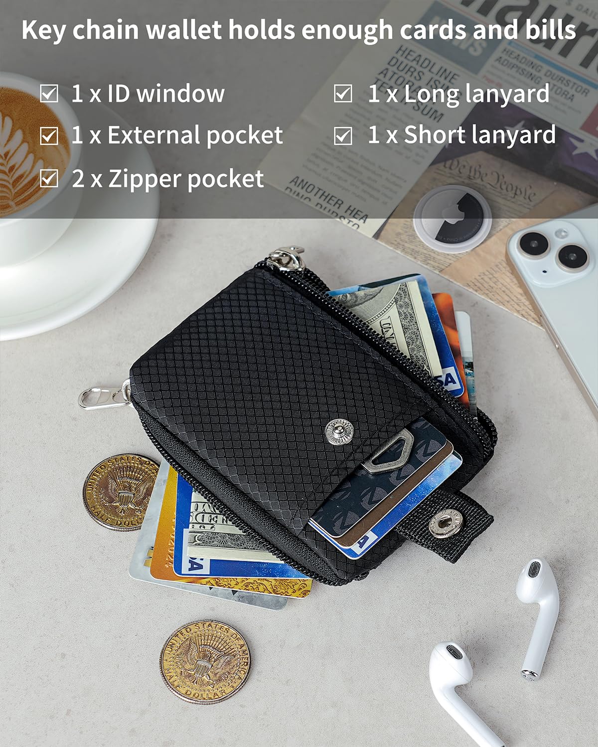 Slim RFID Blocking Minimalist Wallet for Men & Women - Compact Zipper Wallet with ID Window, Keychain & 2 Lanyards - Water Resistant Travel Card Holder for Cash, Coins & Cards - Perfect for Everyday Use, Business Travel & Outdoor Activities