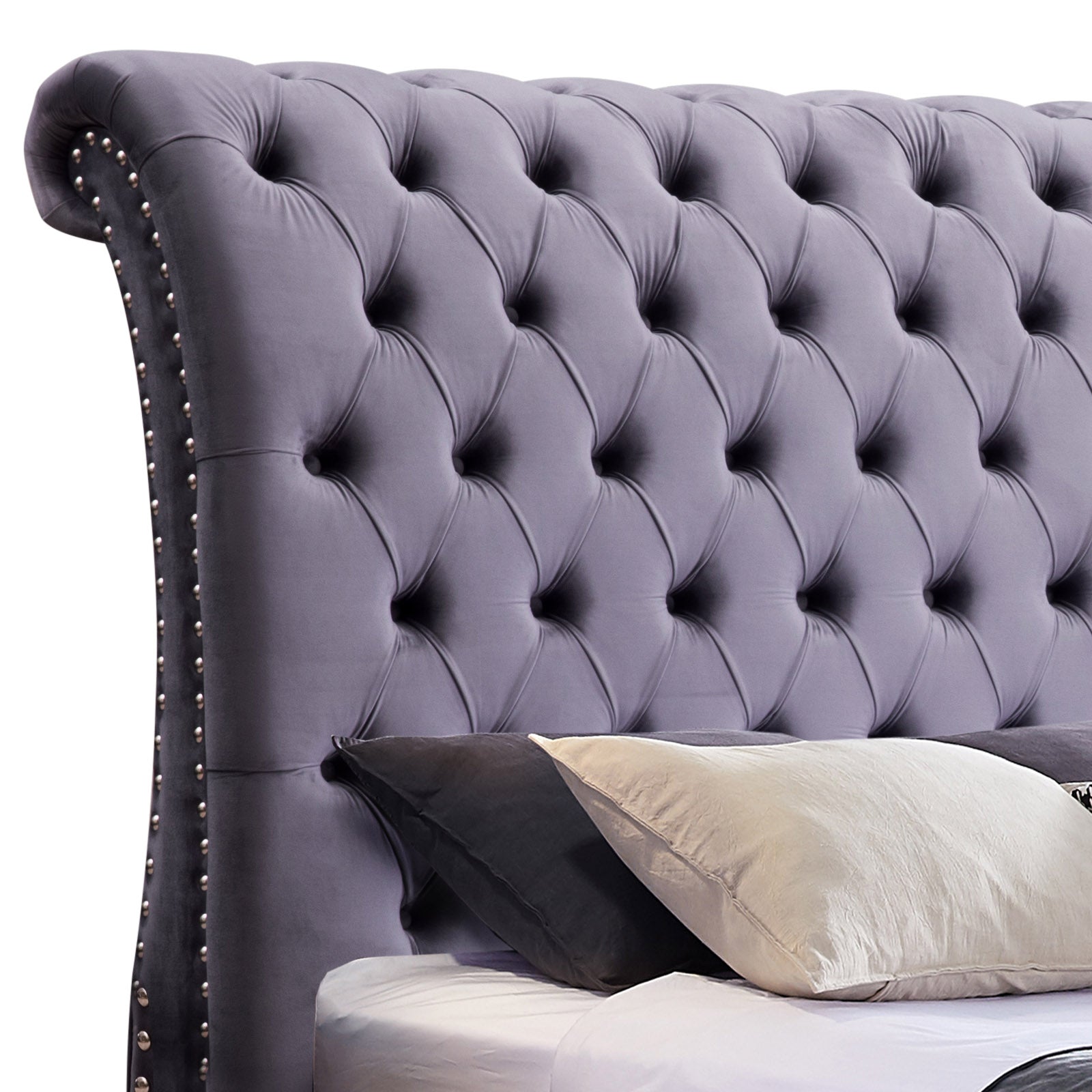 Luxury Grey Velvet Queen Size Bed Frame - Bedzy Royal Sleigh Platform Bed with Upholstered Headboard | Perfect for Master Bedroom, Guest Room & Modern Home Decor
