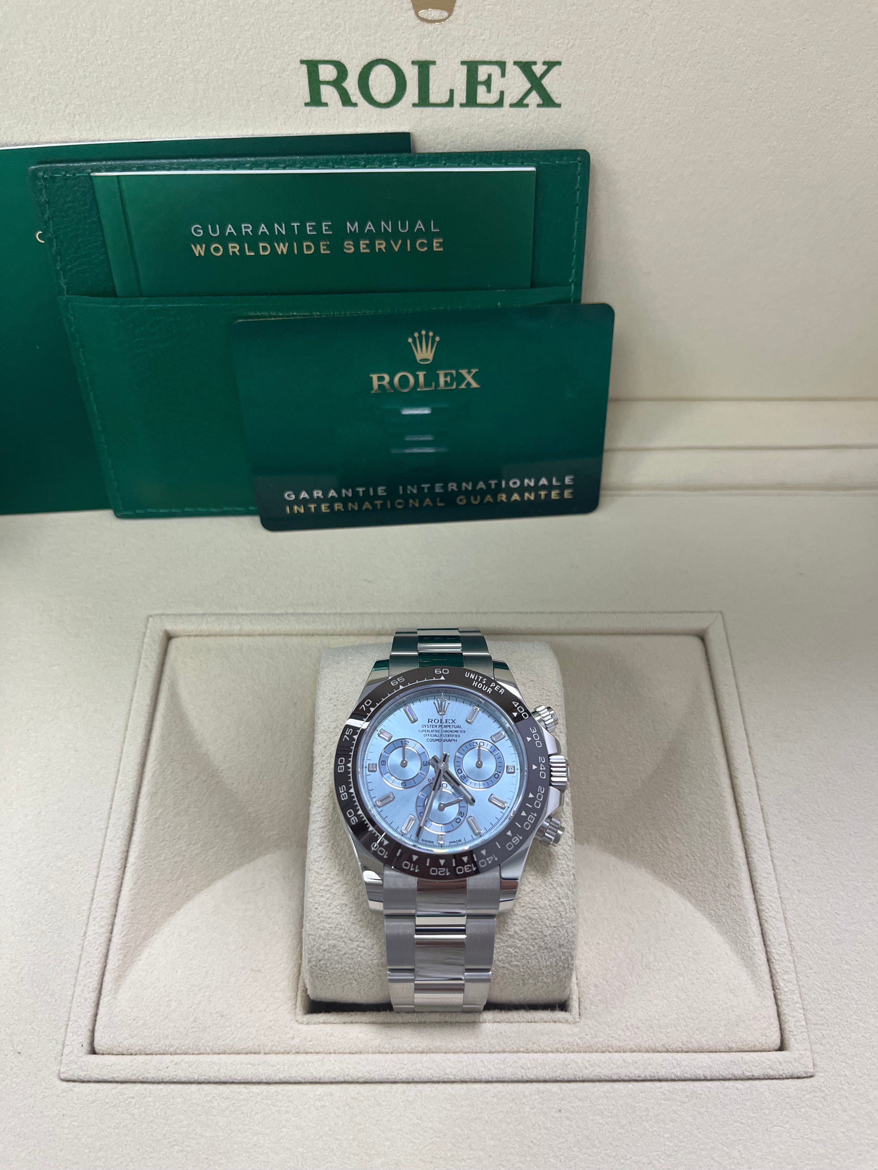 Rolex Daytona Platinum 40mm Ice Blue Diamond Baguette Dial Watch (Ref #116506) - Luxury Men's Chronograph for Special Occasions & Collectors