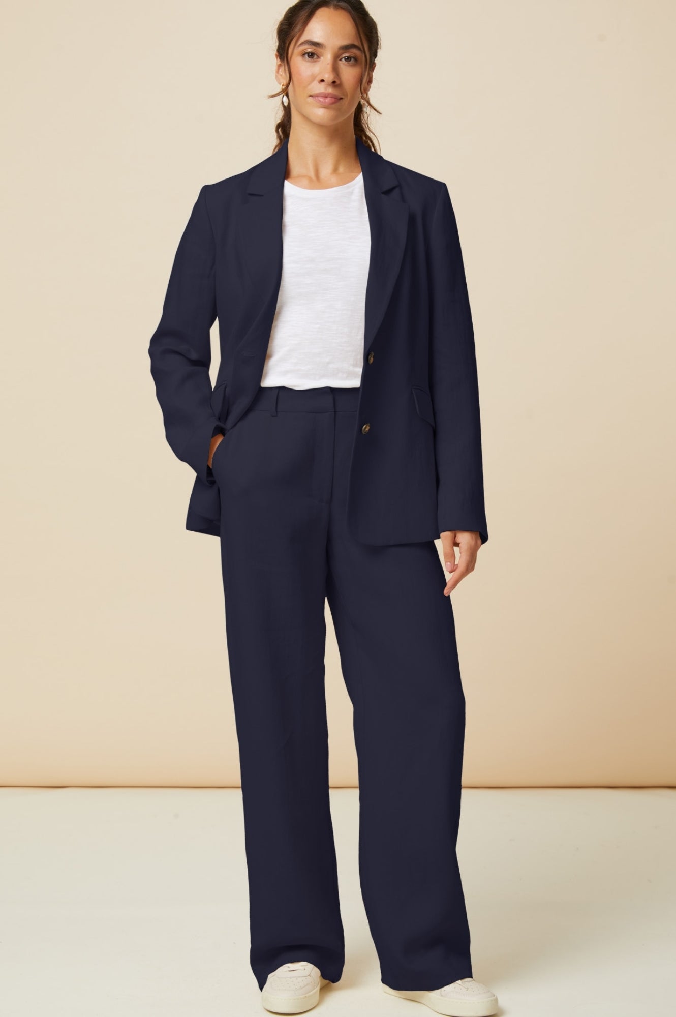 Premium Linen Blend Blazer for Women - Navy Blue Slim Fit Business Casual Jacket - Perfect for Office Wear, Weddings & Summer Outfits