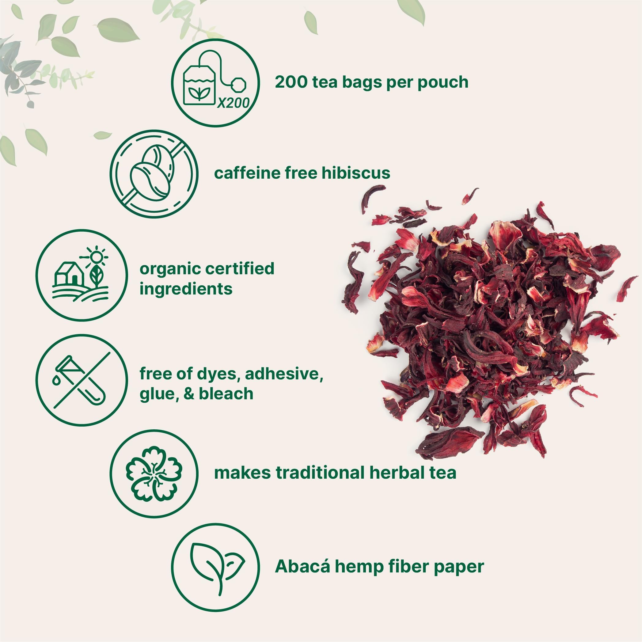 Organic Hibiscus Tea Bags, 200 Count - Premium Herbal Tea for Relaxation & Wellness | Caffeine-Free, Non-GMO, Sugar-Free | Eco-Friendly Hemp Paper Tea Bags - Perfect for Iced Tea, Detox & Daily Hydration