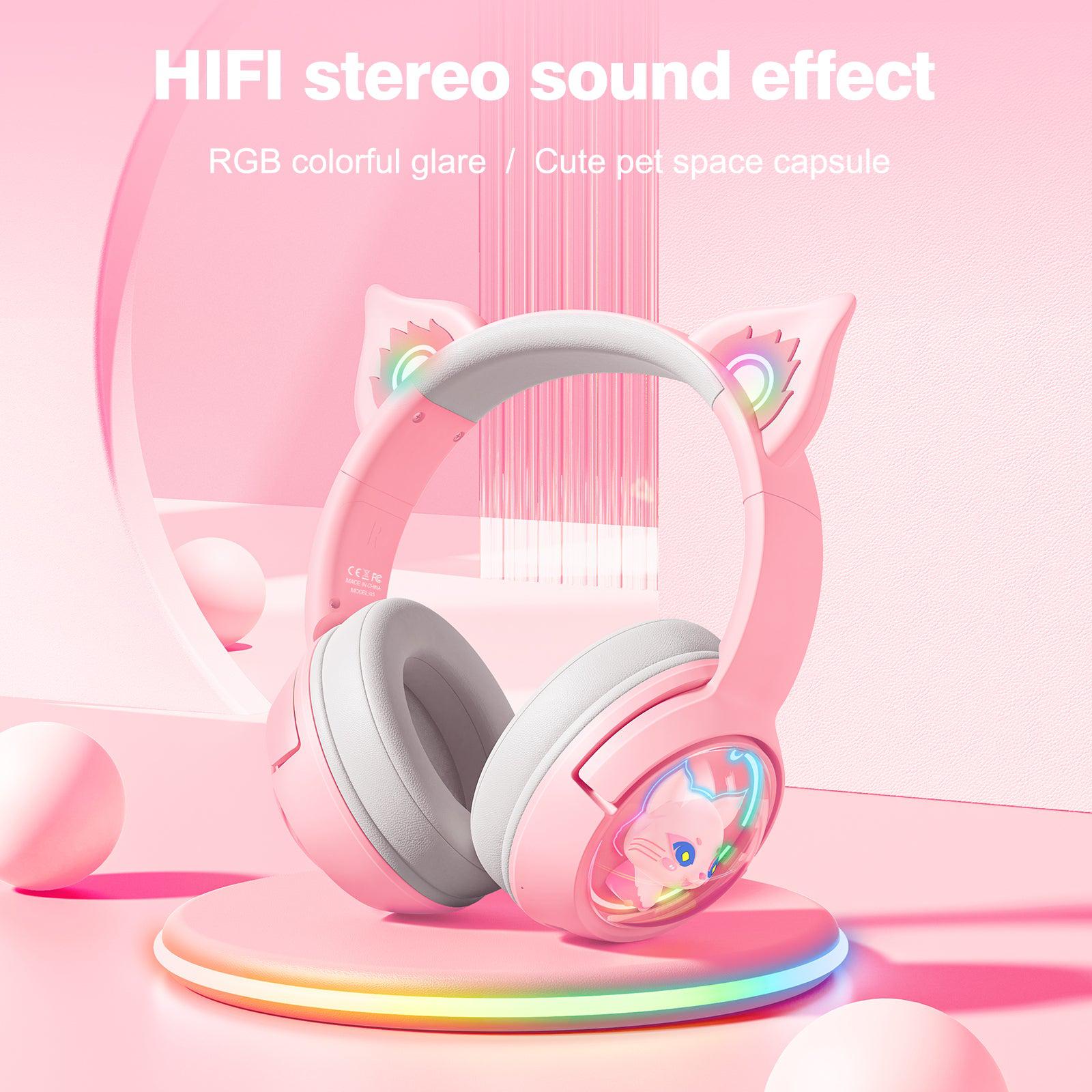 ONIKUMA B5 RGB Cat Ear Bluetooth Wireless Gaming Headset for PC, PS4, PS5, Switch - Lightweight Over-Ear Headphones with Mic for Streaming, Gaming & Music (Pink) - Perfect for Girls Gamers & Live Streamers