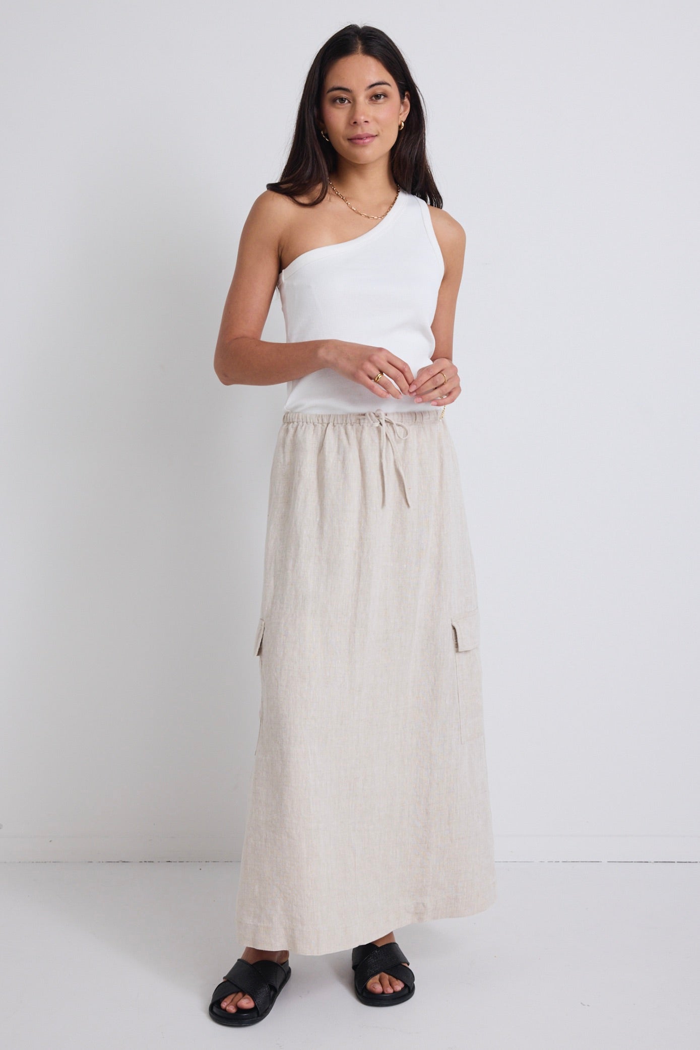 Breathable Natural Linen Elastic Waist Maxi Skirt with Pockets - Perfect for Summer Beach, Boho Outfits & Casual Wear