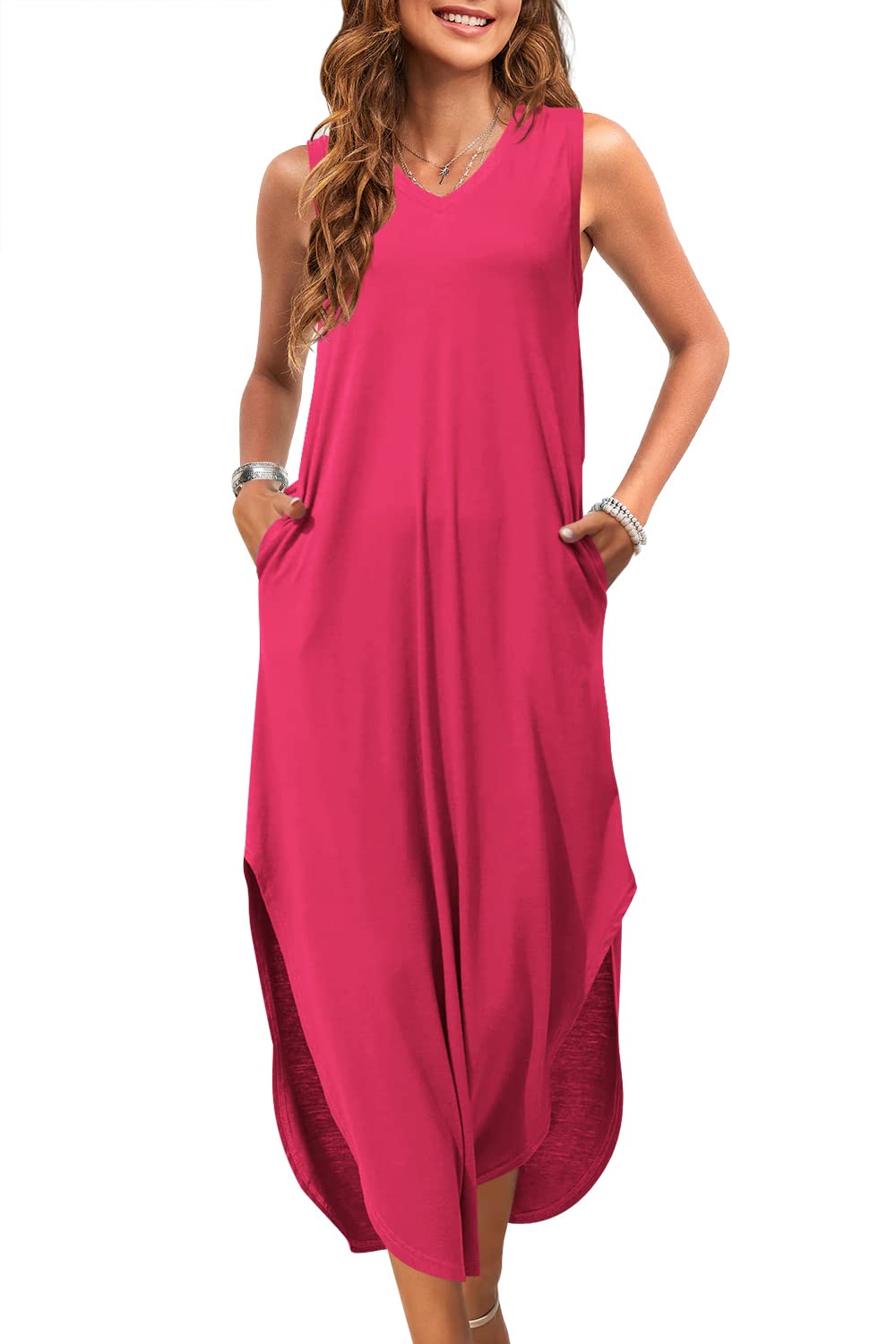 ReachMe Women's Casual V-Neck Side Split Sleeveless Long Maxi Dress with Pockets - Summer Beach Cover Up, Vacation Outfit, Boho Chic Dress for Travel & Date Night