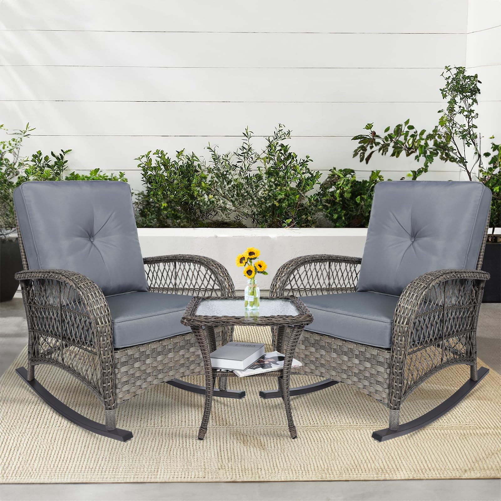 MEETWARM 3-Piece Outdoor Wicker Rocking Chair Set with Cushions & Glass-Top Coffee Table - Gray Rattan Patio Conversation Set for Porch, Backyard, Garden & Poolside Relaxation