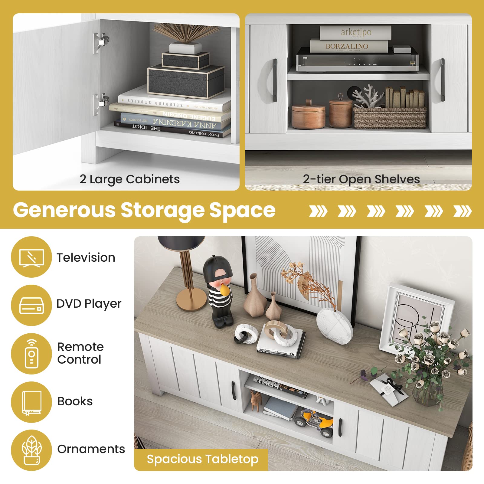 Tangkula 65 Inch TV Stand with 2 Doors & Open Shelves - Wooden Media Console for Living Room, 2 Storage Cabinets & Cable Management Holes - Perfect for Home Theater & Entertainment Systems (White Oak Finish)
