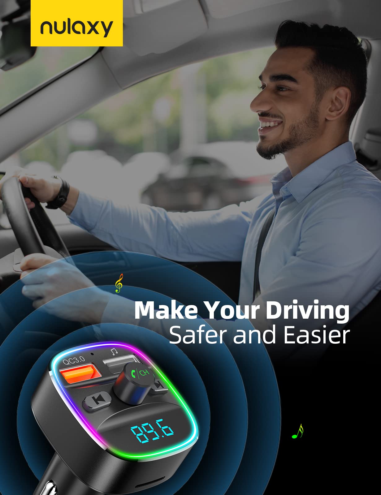 Nulaxy NX10 Bluetooth FM Transmitter for Car - Wireless Car Adapter with Dual USB Charger, MP3 Player, Hands-Free Calling, TF/USB Support & 7-Color LED Backlit - Perfect for Road Trips & Commuting