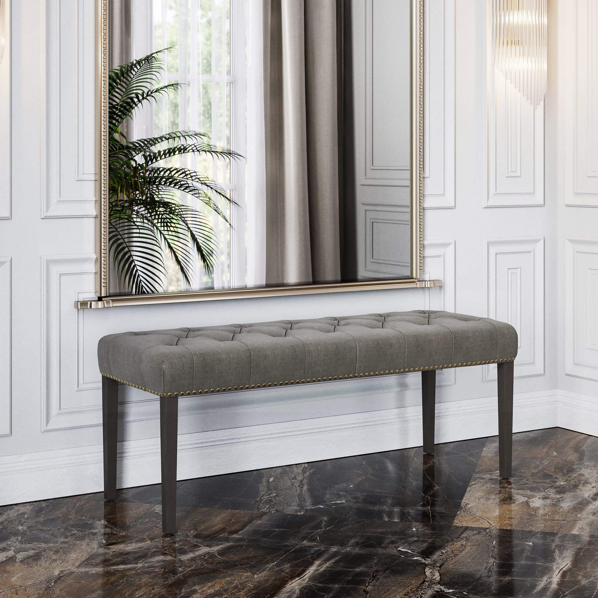 BELLEZE Modern 47 Inch Tufted Rectangular Ottoman with Legs, Upholstered Linen Bench with Nailhead Trim - Dark Gray Footrest for Living Room, Bedroom & Entryway Decor | Perfect for Lounging, Extra Seating & Stylish Home Decor