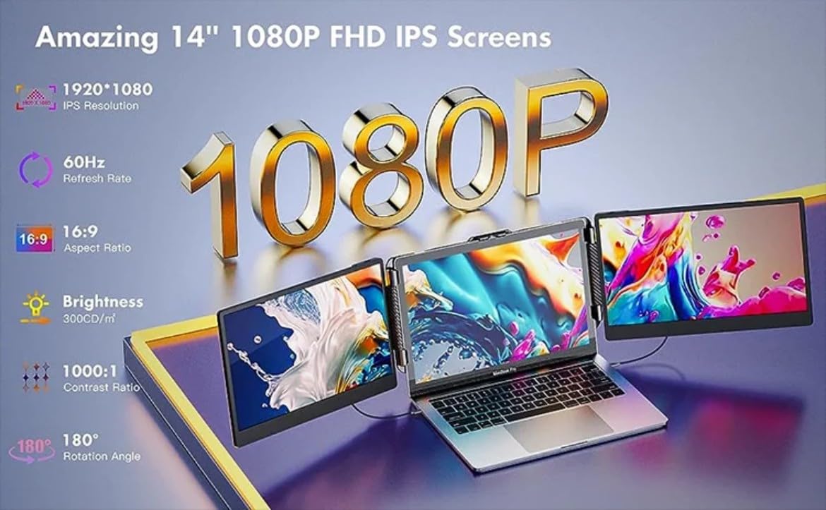 Generic 14-inch Triple Laptop Screen Monitor - FHD 1080P Portable External Display for Work & Gaming | Compatible with Most Laptops | Perfect for Multitasking, Coding & Entertainment