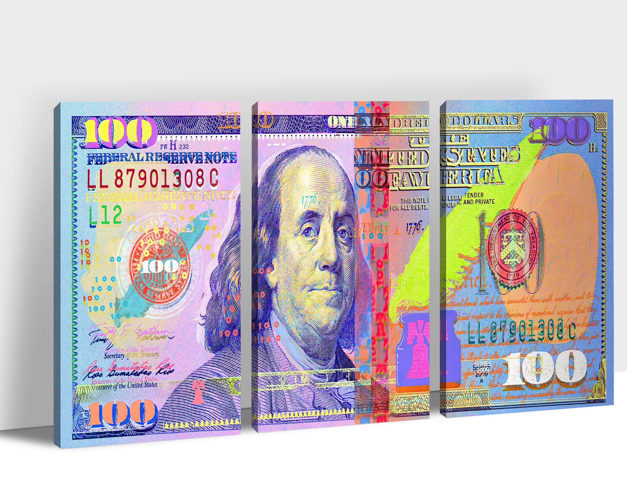 3-Piece US Dollar Money Canvas Wall Art Set - Motivational Benjamin Franklin $100 Bill Print for Office & Home Decor - Colorful Cash Themed Triptych (20”x30”x3 Panels) - Perfect for Living Room, Bedroom or Workspace Inspiration