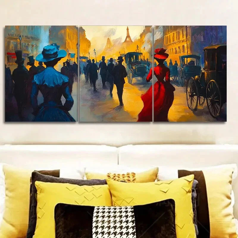 3-Piece People in the Market Metal Wall Art - Ready to Hang Canvas Prints for Living Room, Bedroom & Office Decor