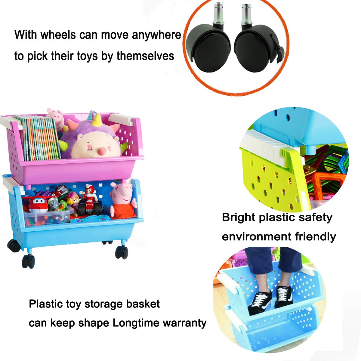 Kids' Toy Storage Organizer - Large Rolling Toy Chest with Wheels, 6-Piece Set (Natural/Primary Colors) - Perfect for Playroom, Bedroom & Daycare Organization