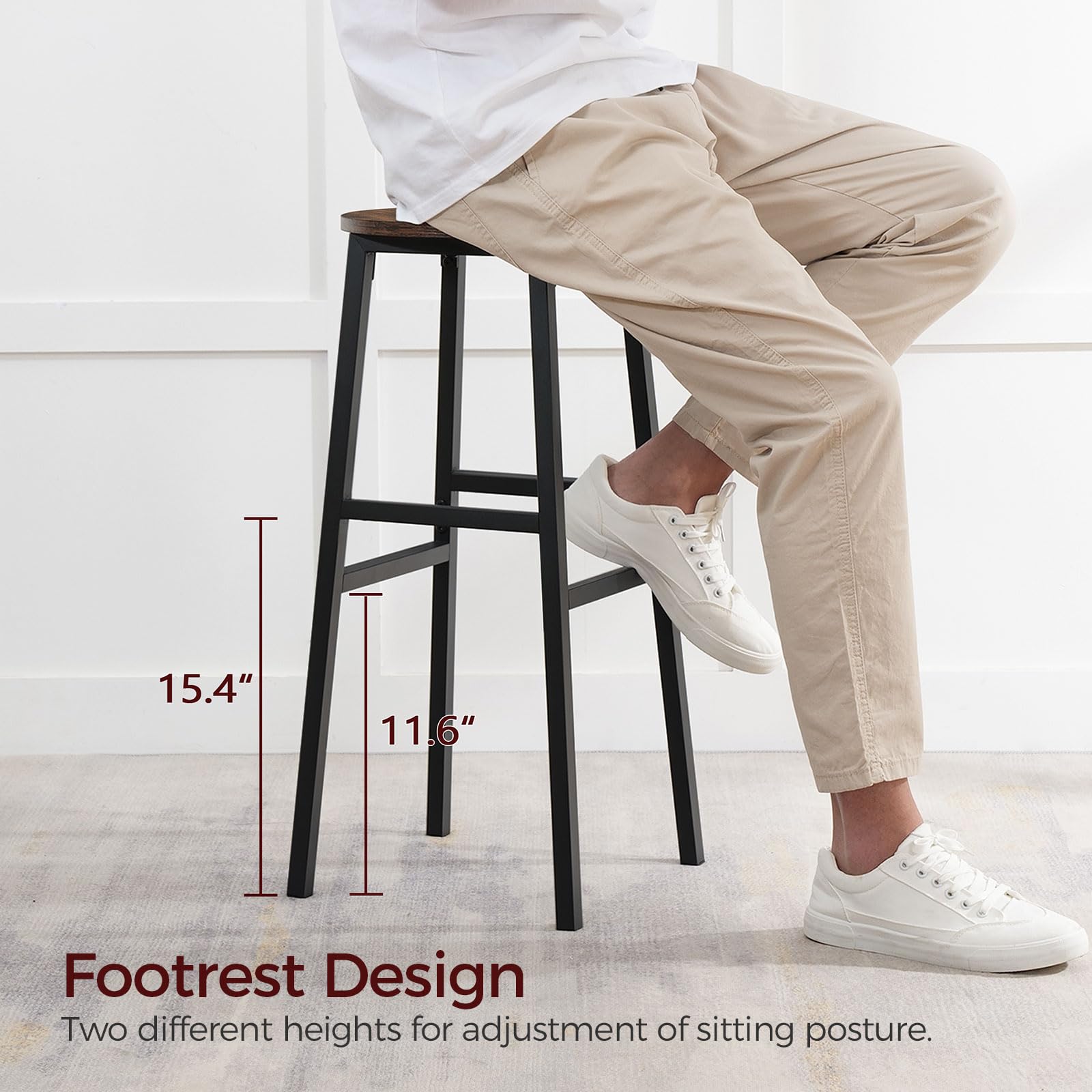 Industrial Bar Stools Set of 2 - 28 Inch Round Kitchen Stools with Footrest, Rustic Brown Breakfast Counter Chairs for Dining Room & Kitchen - Easy Assembly Bar Height Stools for Home, Cafe & Restaurant Use