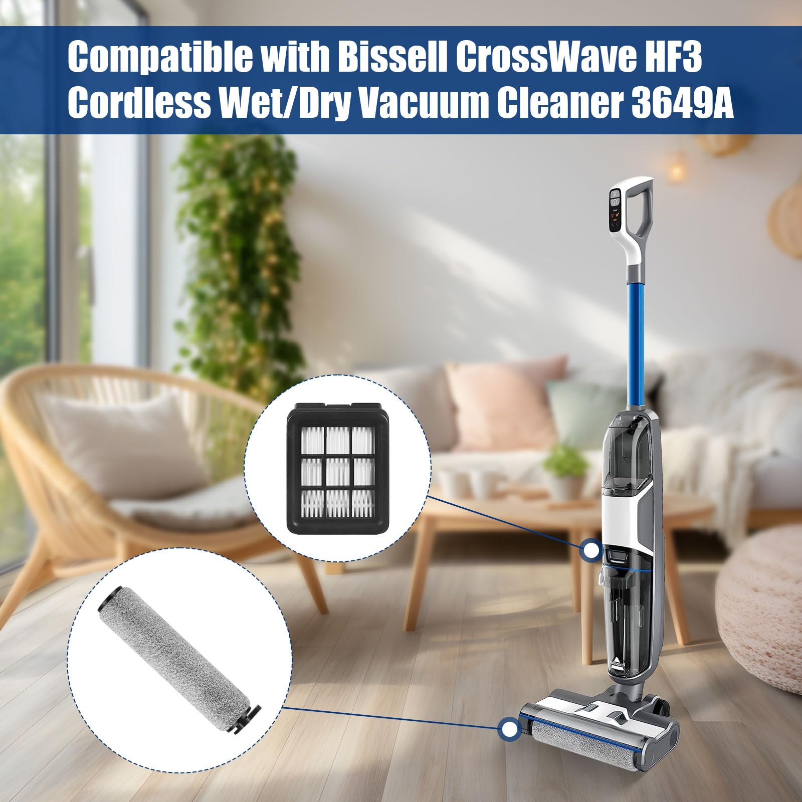 Bissell HF3 3649A Vacuum Replacement Parts - 2 Multi-Surface Brush Rollers & 2 HEPA Filters with Cleaning Brush - Compatible with Bissell HF3 Crosswave Vacuum Cleaner - Perfect for Hardwood Floors, Tile & Carpet Cleaning