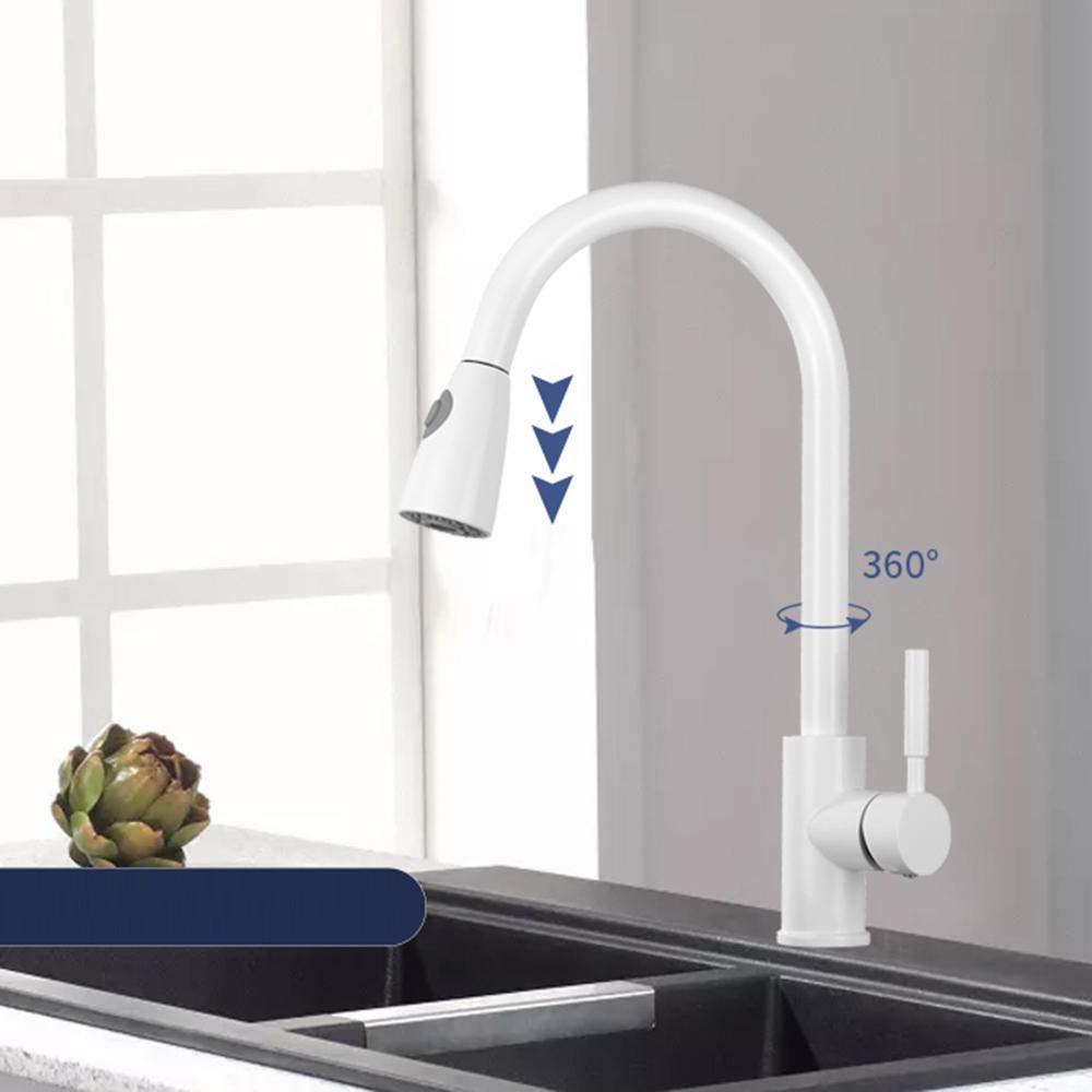 Premium All Copper Single Handle Pull Down Kitchen Faucet with 2 Spray Modes - White | Hot & Cold Water Rotary Sink Faucet for Modern Kitchens & Home Renovations
