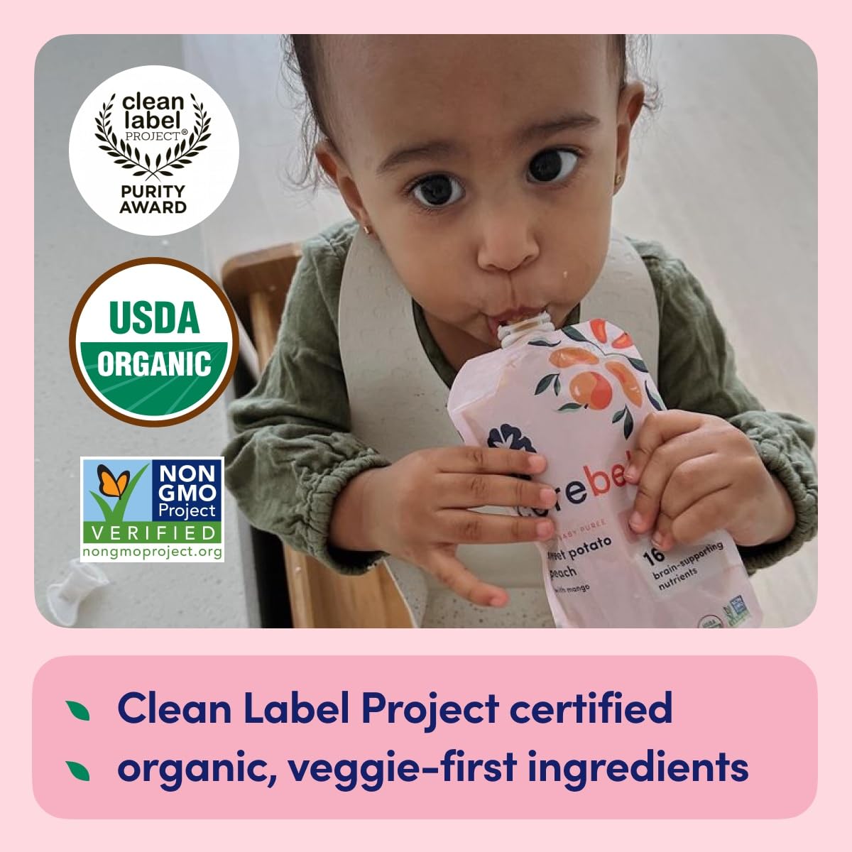 Organic Cerebelly Sweet Potato Peach Smoothie Pouch (Pack of 6) - Healthy Baby Food & Kids Snacks with 16 Essential Nutrients - Brain-Boosting Superfood Puree, No Added Sugar - Perfect for On-the-Go Meals, School Lunches & Toddler Snack Time