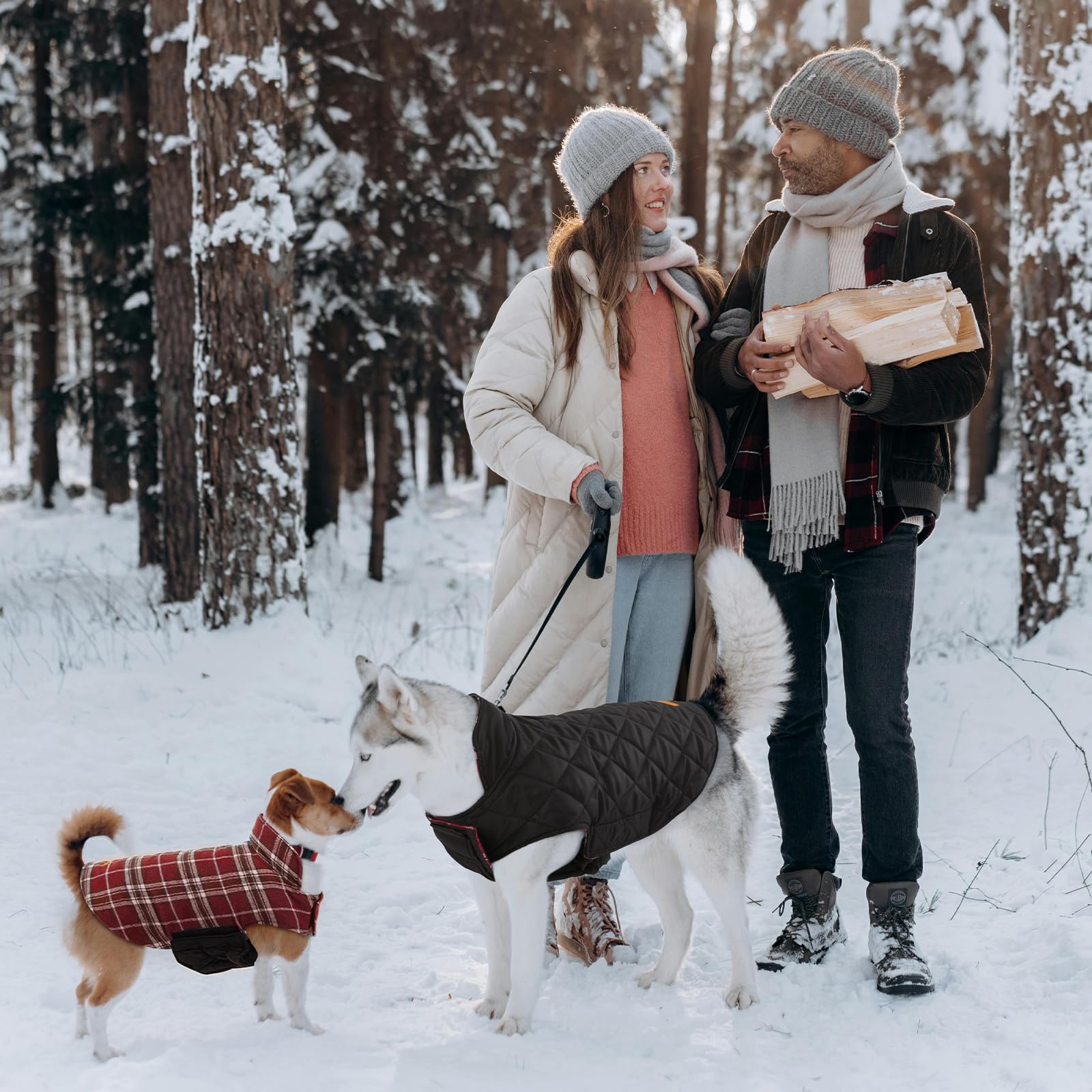 Kuoser Cozy Waterproof Windproof Reversible British Style Plaid Dog Vest - Winter Coat for Small Medium Large Dogs (XS-3XL) with Furry Collar - Warm Dog Apparel for Cold Weather - Perfect for Outdoor Walks, Winter Adventures & Holiday Photos - Red M