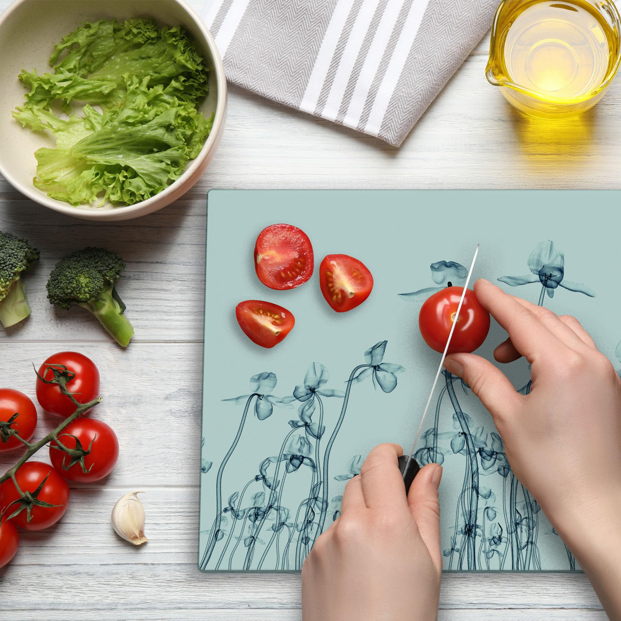 Ambesonne Orchid X-ray Art Glass Cutting Board - Large Tempered Glass Serving Tray with Unique Floral Design - Perfect for Kitchen Prep, Charcuterie Boards & Home Decor (Teal & White)