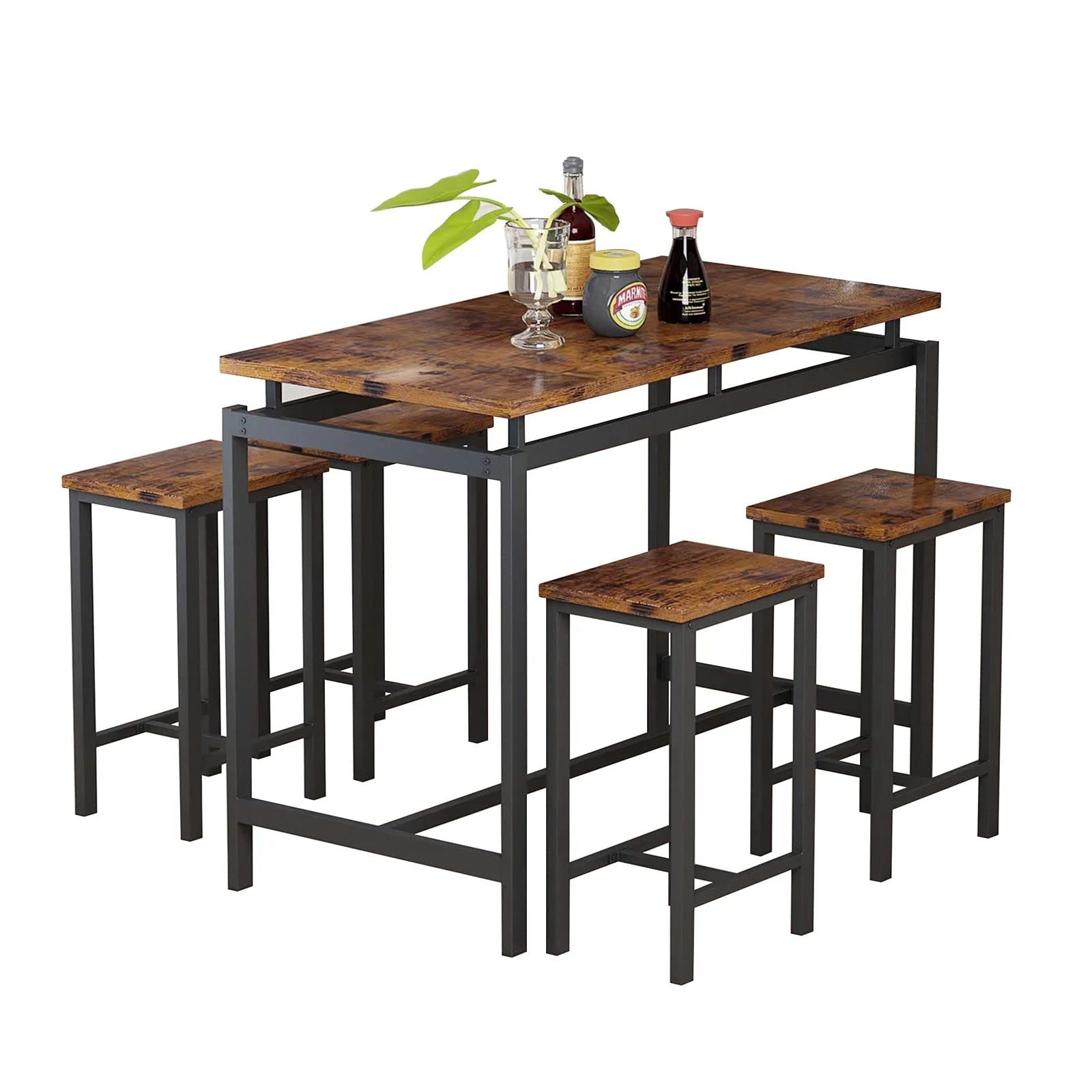 Modern 5-Piece Industrial Bar Height Dining Table Set for 4 - Kitchen & Pub Table with 4 Chairs - Perfect for Small Spaces, Breakfast Nooks & Compact Apartments - Durable Metal Frame & Wooden Tabletop for Casual Dining & Entertaining