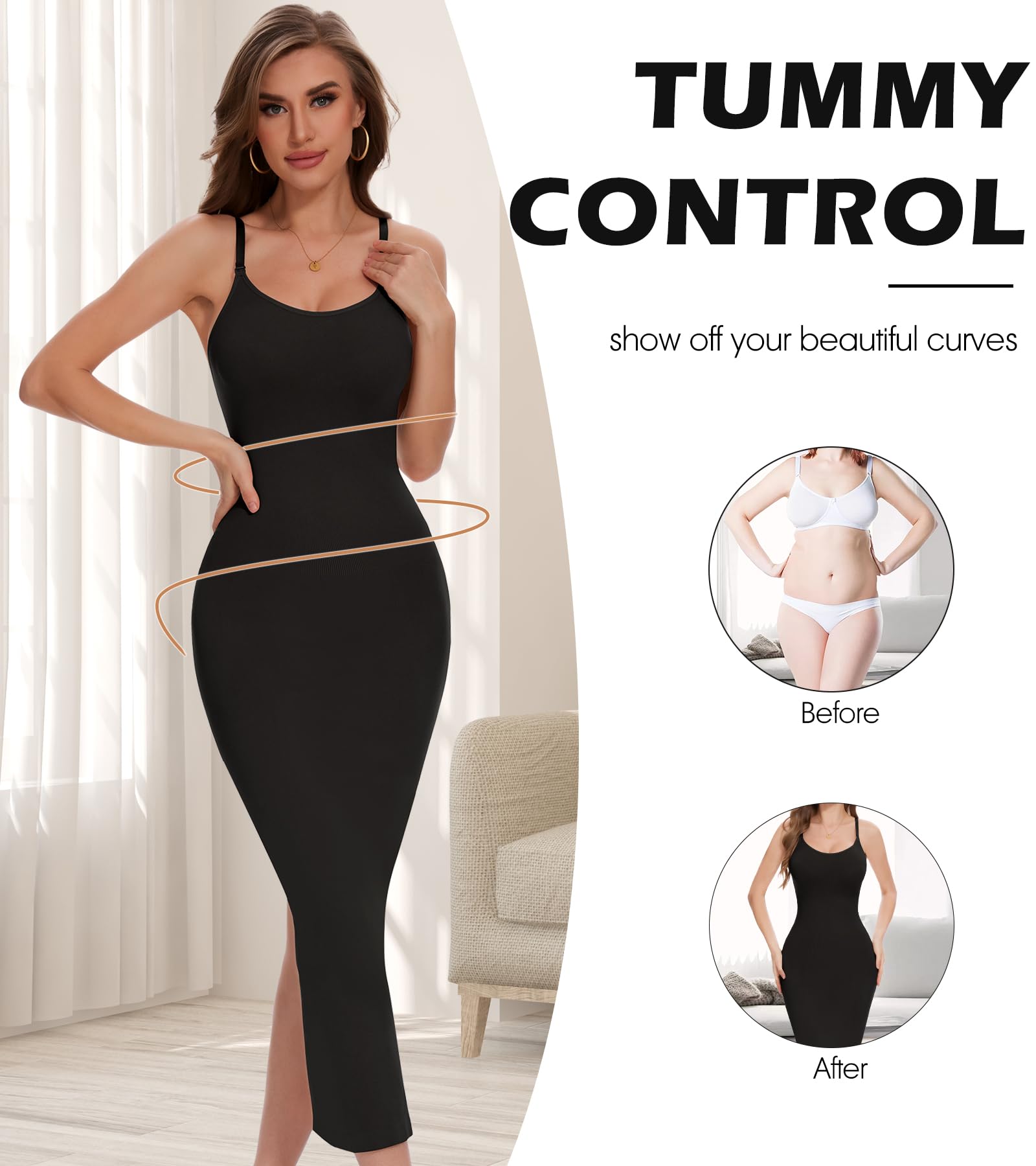 Best Shapewear Slip Dress for Women – Tummy Control Slimming Long Slip Dress with Back Slit – Perfect for Weddings, Evening Parties & Office Wear