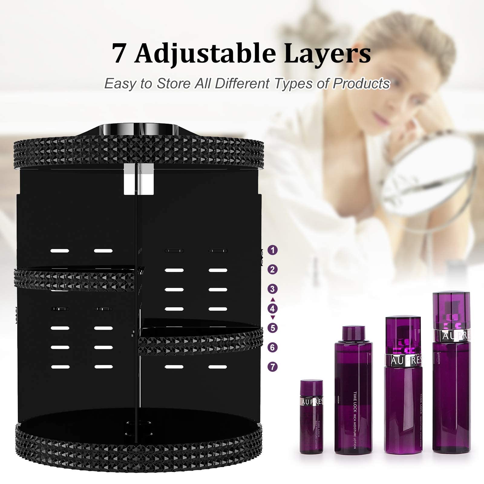 Awenia 360° Rotating Makeup Organizer with Drawer - Acrylic Cosmetic Storage Case for Brushes, Perfume & Jewelry Display (2 Styles, Black) - Perfect Vanity Organizer & Gift for Beauty Lovers | Ideal for Bedroom, Bathroom & Travel Makeup Storage