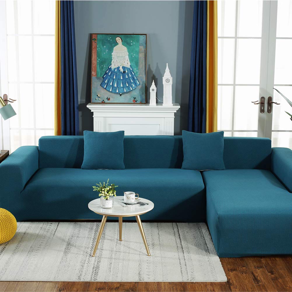 ZAIPP Universal Stretch Fabric Sofa Slipcover for L-Shaped Sectional Couches - 3-Seater Protector (190~230cm/75-91inch) in Blue - Includes Gift Pillow Covers | Perfect for Living Room, Family Room & Home Decor