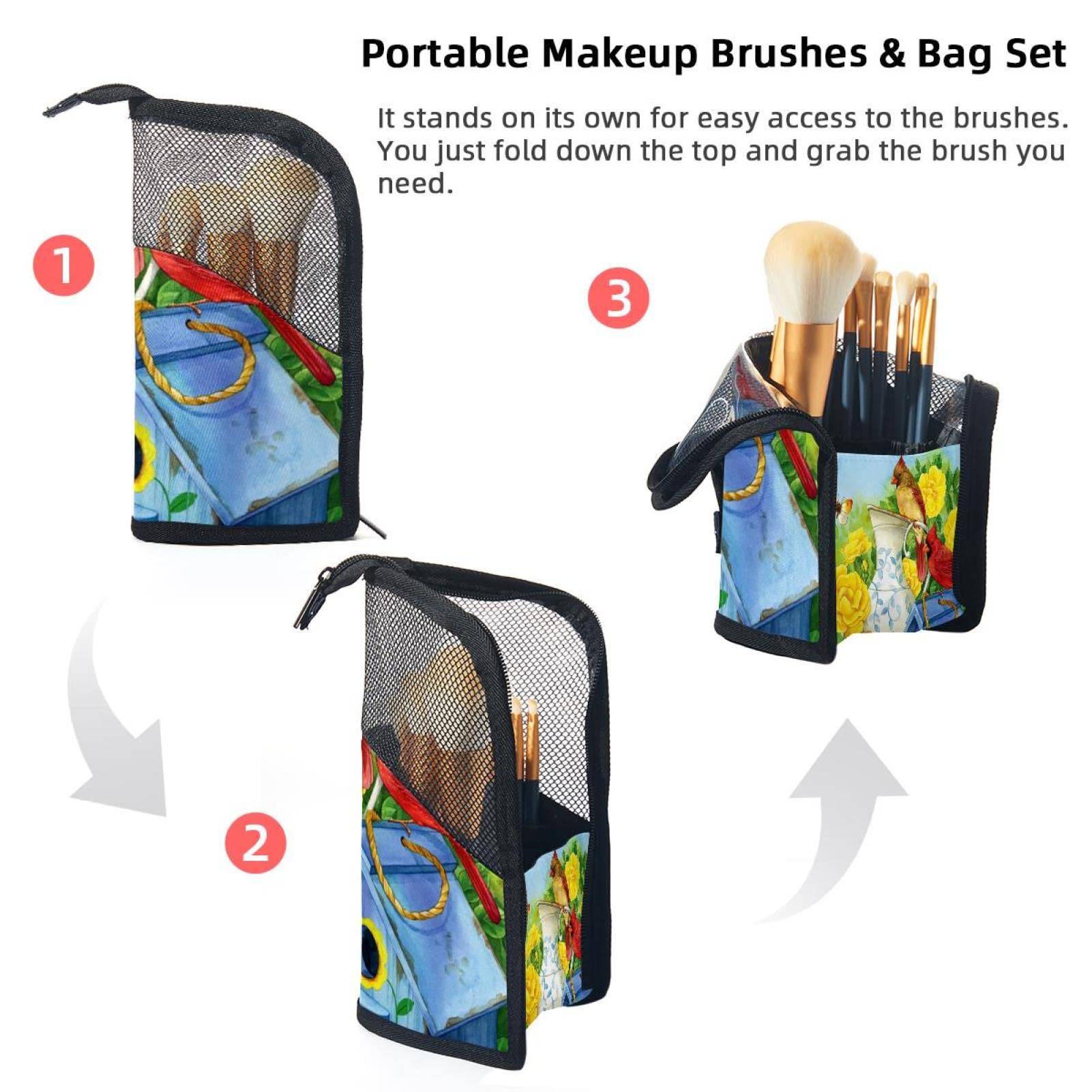 12-Piece Makeup Brush Organizer Bag with Bird Butterfly Strawberry Floral Design - Portable Travel Cosmetic Brush Holder Case for Professional Makeup Artists & Home Use