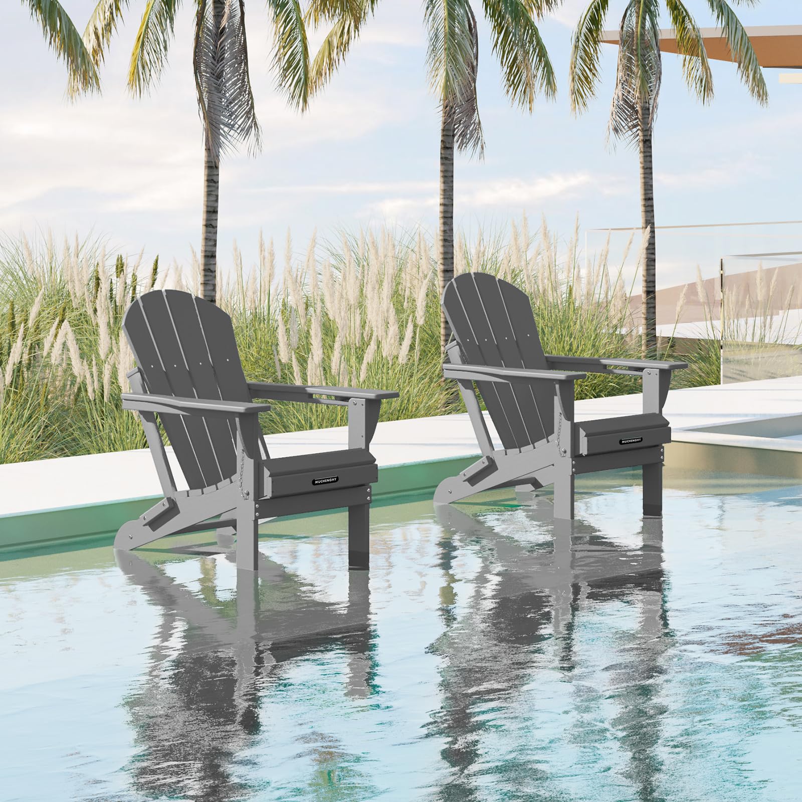 MUCHENGHY Folding Adirondack Chairs - Heavy Duty HDPE Weather-Resistant Outdoor Patio Chairs for Firepit, Lawn, Garden & Poolside - 380lb Weight Capacity, 15-Minute Assembly, Gray - Perfect for Backyard Relaxation and Camping