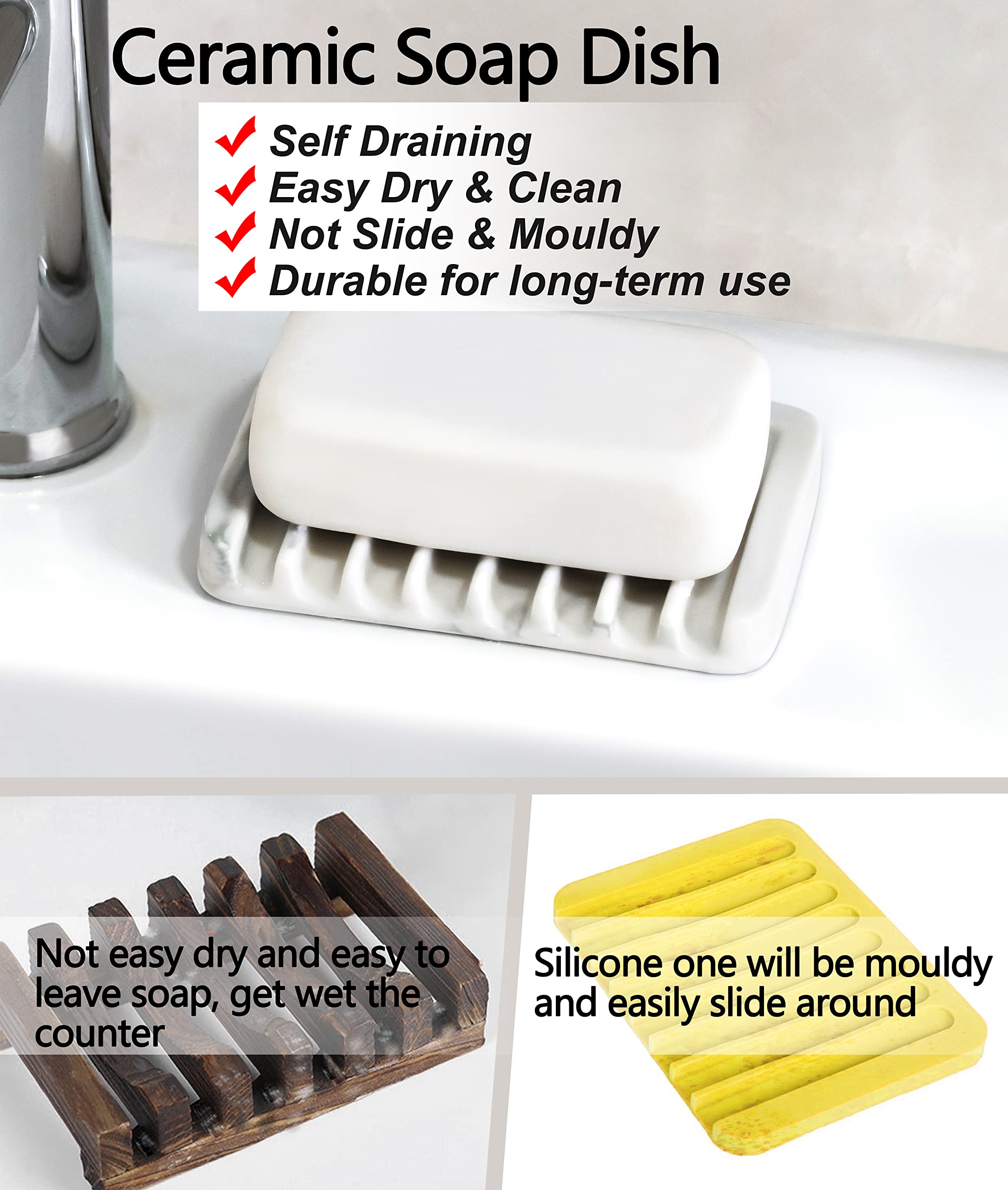 Ceramic Soap Dish for Sink - Self Draining Soap Holder for Bathroom & Kitchen - Marble Decor White Soap Saver for Shower, Bar Soap Container - Perfect for Countertop, Vanity, and Shower Organization