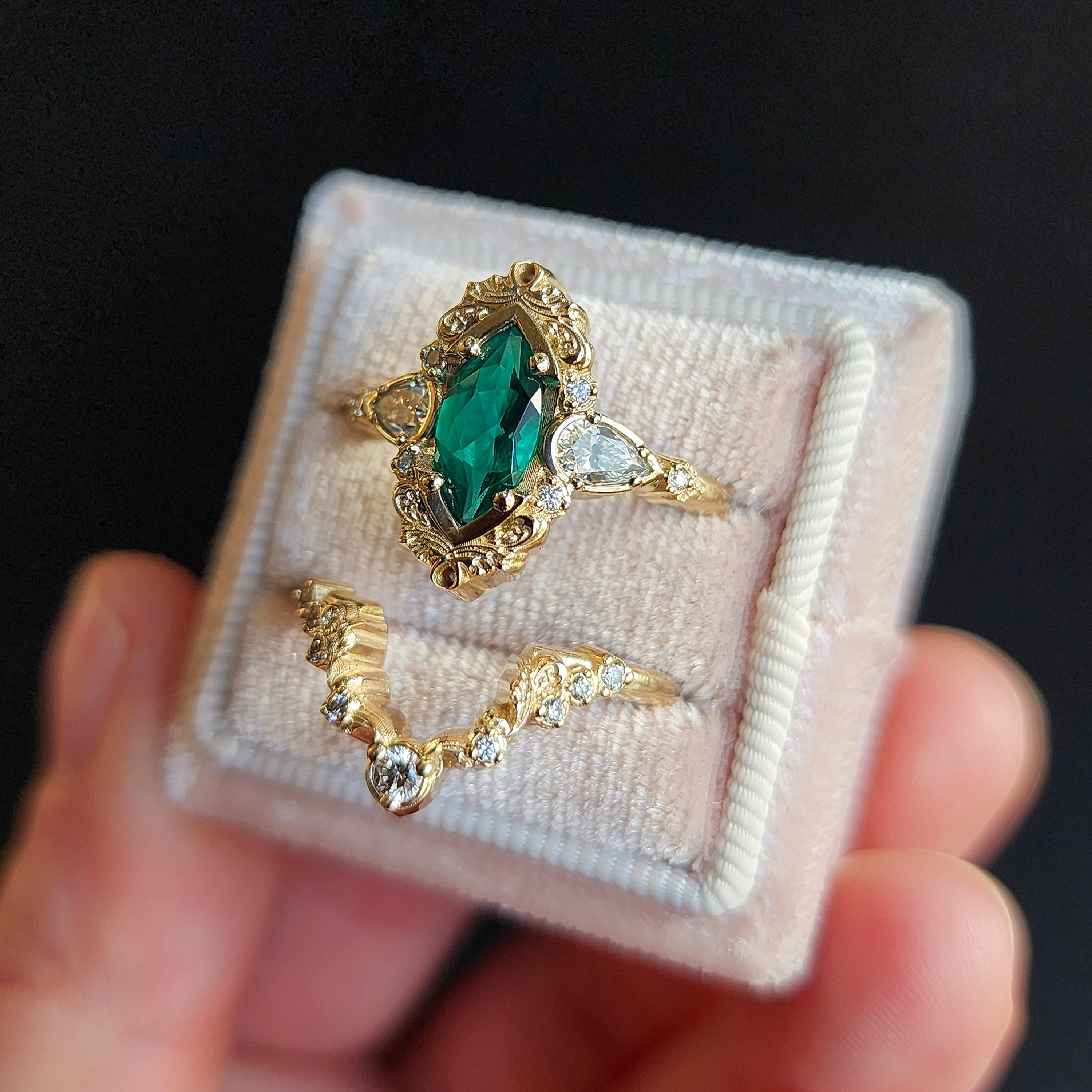 14K Gold Emerald Odette Chatham Marquise Engagement Ring Set with Scrolling Filigree Details - Handcrafted Wedding Band Set, Choose Your Gemstone - Perfect for Proposals, Anniversaries & Bridal Jewelry