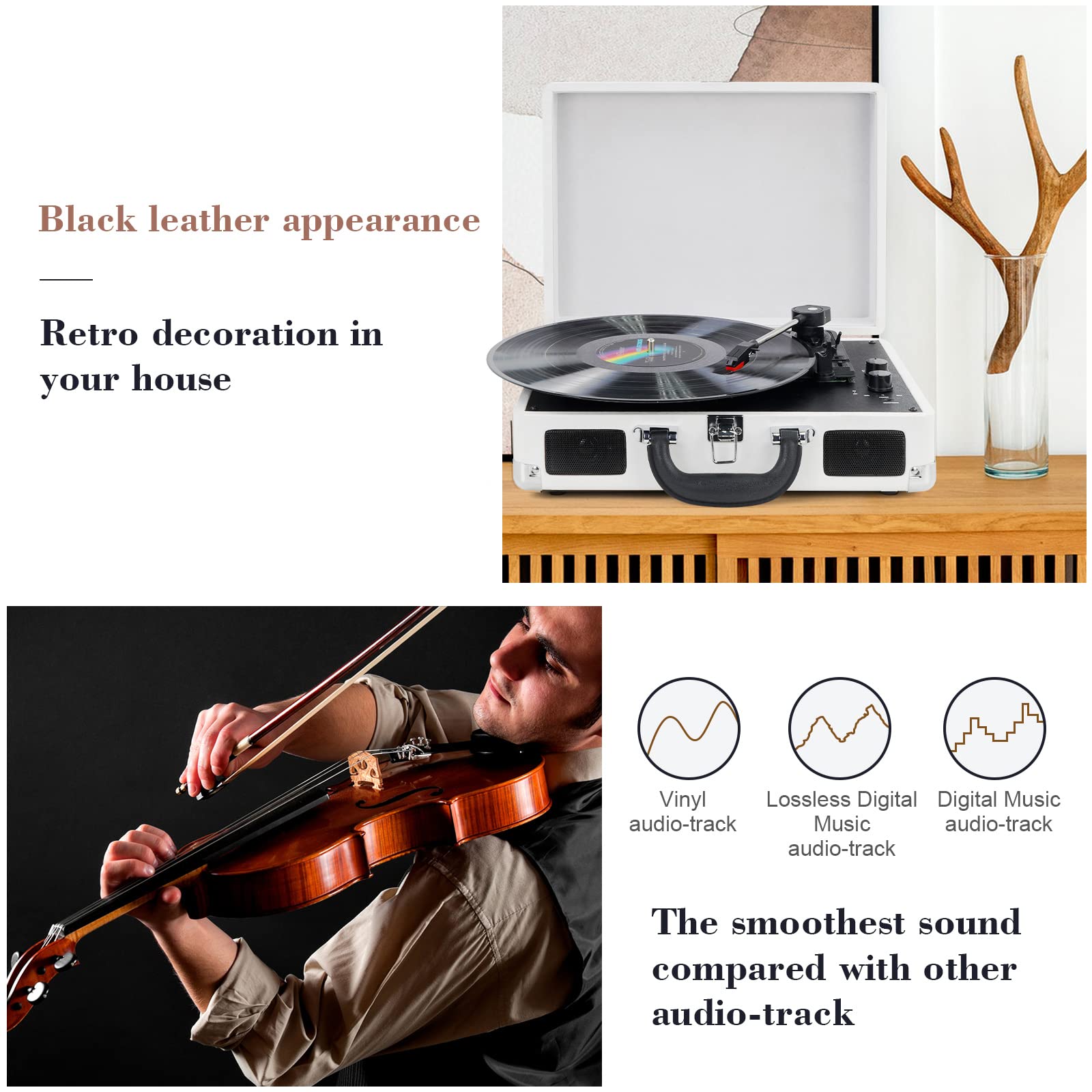 Mersoco 3-Speed Wireless Bluetooth Turntable with Built-in Speakers, RCA Output & AUX Input - Perfect for Home, Office, and Vintage Music Lovers