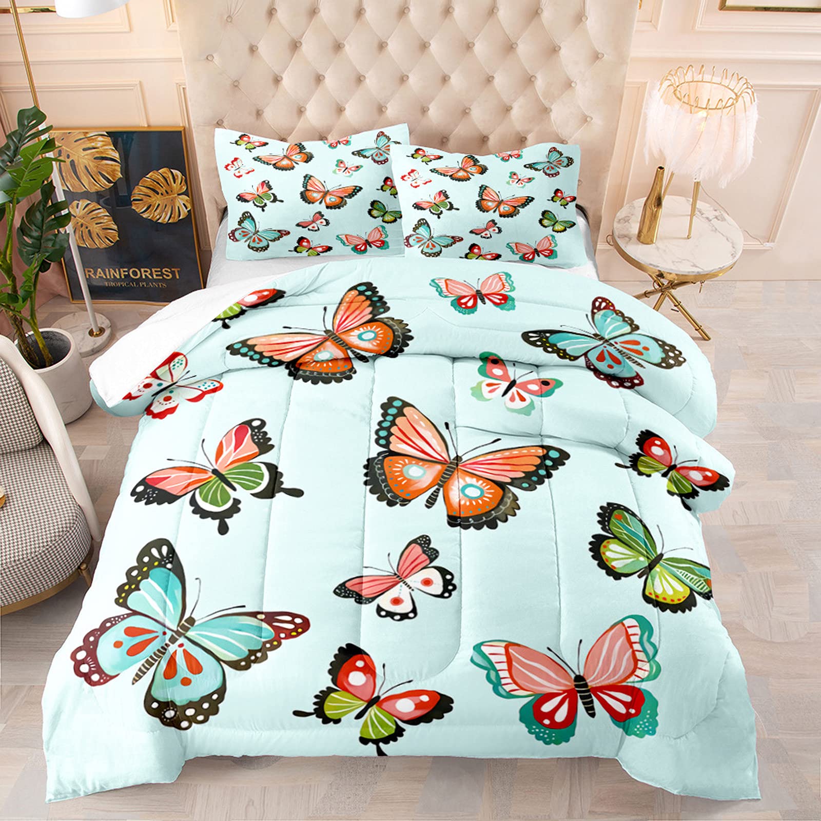 DTATY Girly Butterfly Queen Bed Comforter Set 3 Pcs - Colorful Blue Butterfly Printed Bedding Set with 1 Comforter & 2 Pillow Shams for Girls Room, Teen Bedroom Decor & Princess Themed Nursery