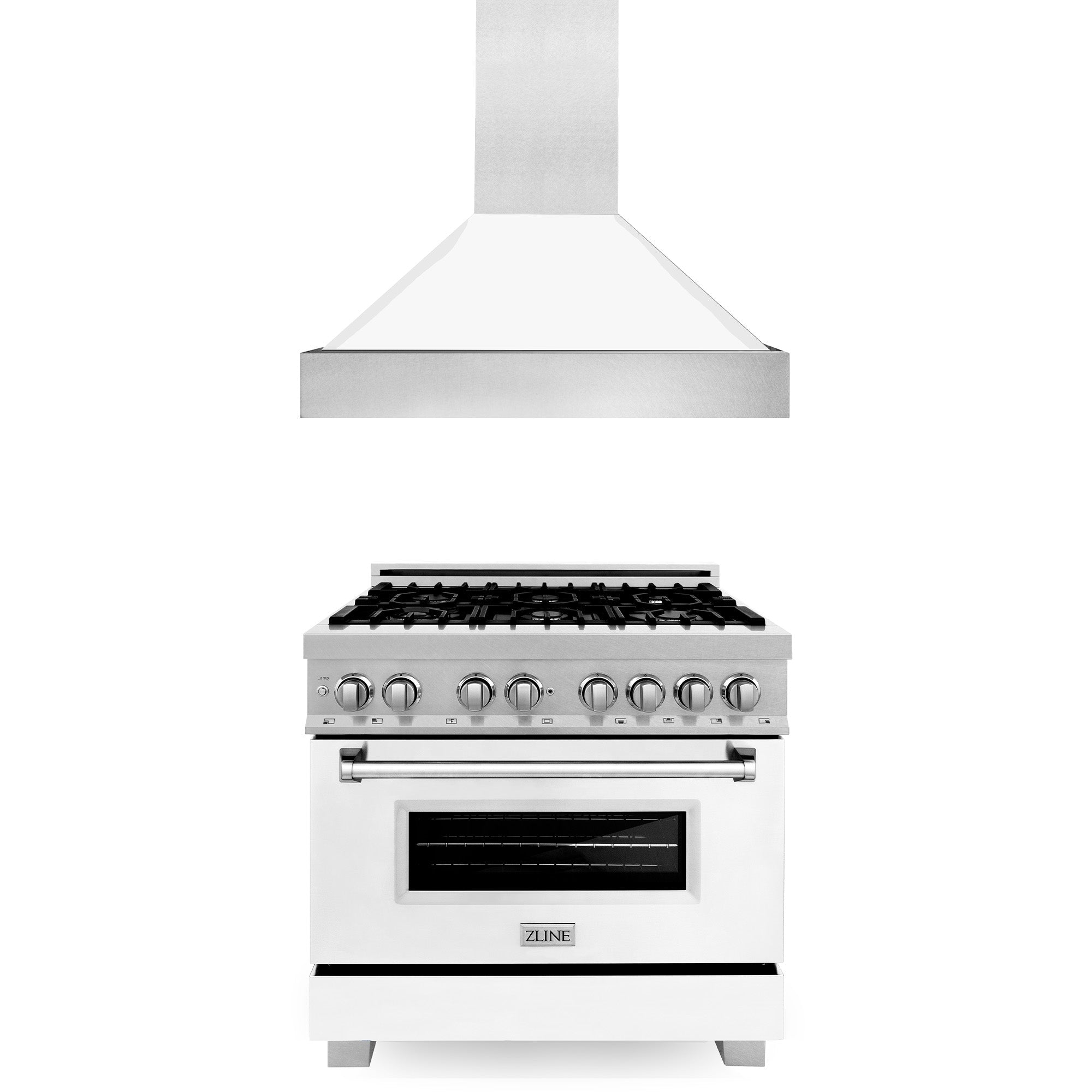 ZLINE 36-inch Professional Dual Fuel Range Kitchen Package - Stainless Steel Gas Stove with White Matte Door & Convertible Vent Hood - Perfect for Home Chefs & Modern Kitchens