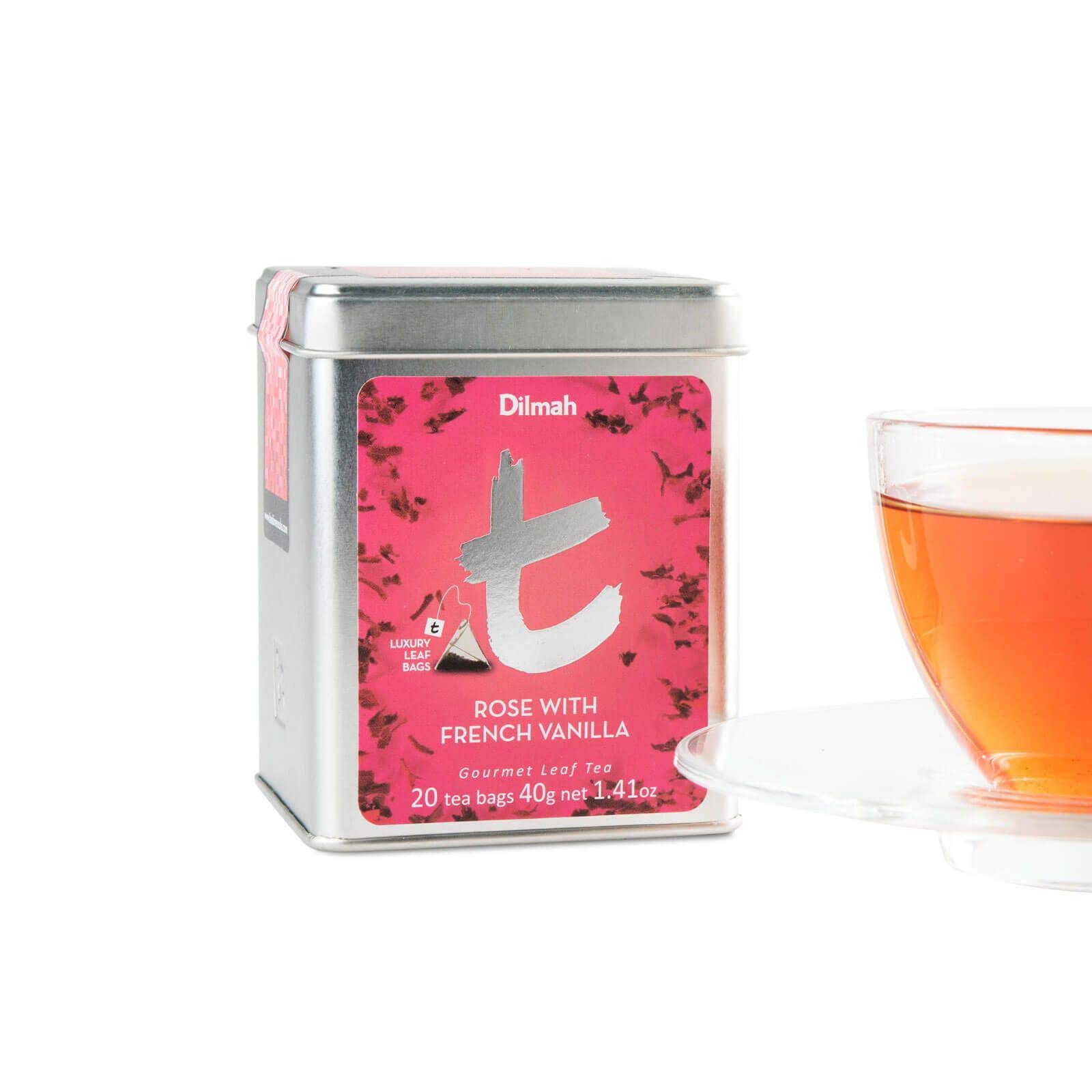 Premium Dilmah Rose & French Vanilla Tea in Elegant Tin Caddy - 3 Pack of 20 Luxury Tea Bags - 100% Pure Ceylon Black Tea with Natural Flavors - Perfect for Afternoon Tea, Gifts & Relaxation Moments