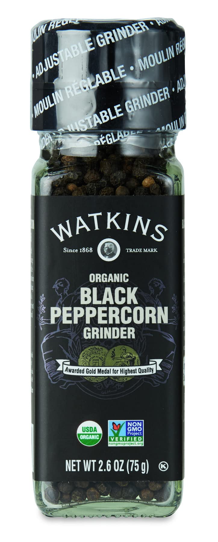 Organic Black Peppercorn Grinder by Watkins - 2.6oz Premium Freshly Ground Pepper for Cooking, Seasoning & Gourmet Dishes | Perfect for Steak, Pasta & Salad
