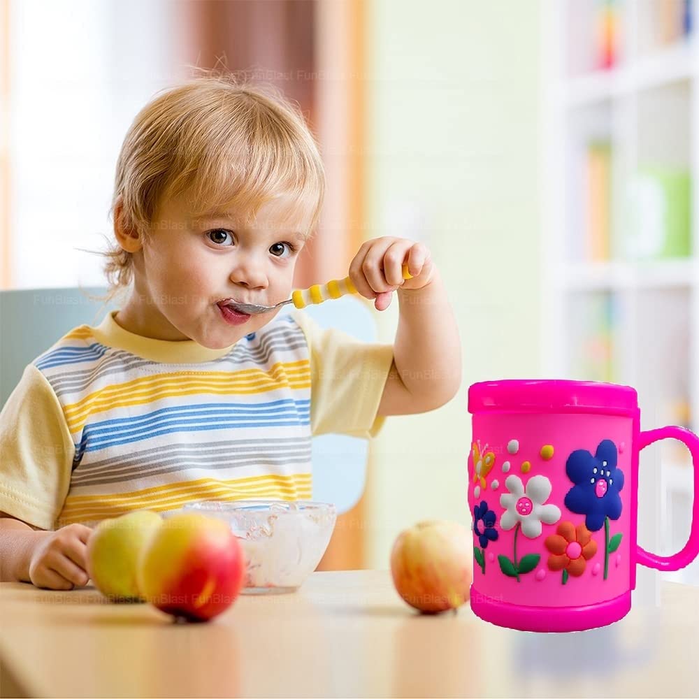 FunBlast Kids Milk Mug with Cartoon Flower Design - 350ML BPA-Free Plastic Drinking Cup for Girls & Boys - Perfect Birthday Gift, Party Favors & Daily Use at Home or School (Pink)