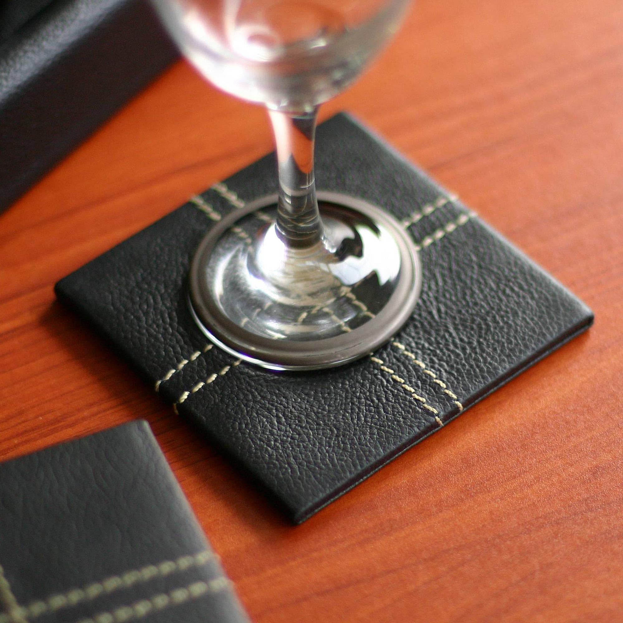 Premium NOVICA Leather & Cedar Coaster Set - Black Tie (Set of 6) | Elegant Drink Coasters for Wine, Cocktails & Home Decor