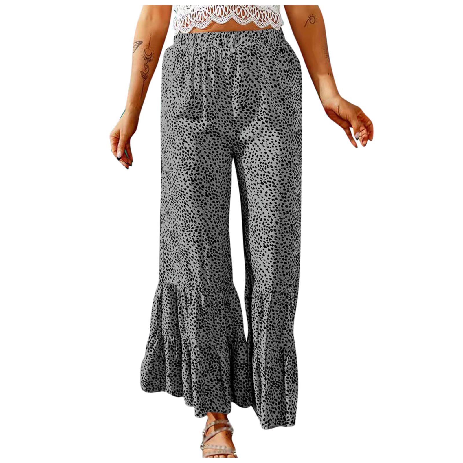 Boho Flare Pants for Women - Elastic Waist Leopard Print Wide Leg Palazzo Pants | Stretchy & Soft Comfort | Perfect for Casual Wear, Yoga, and Beach Outfits